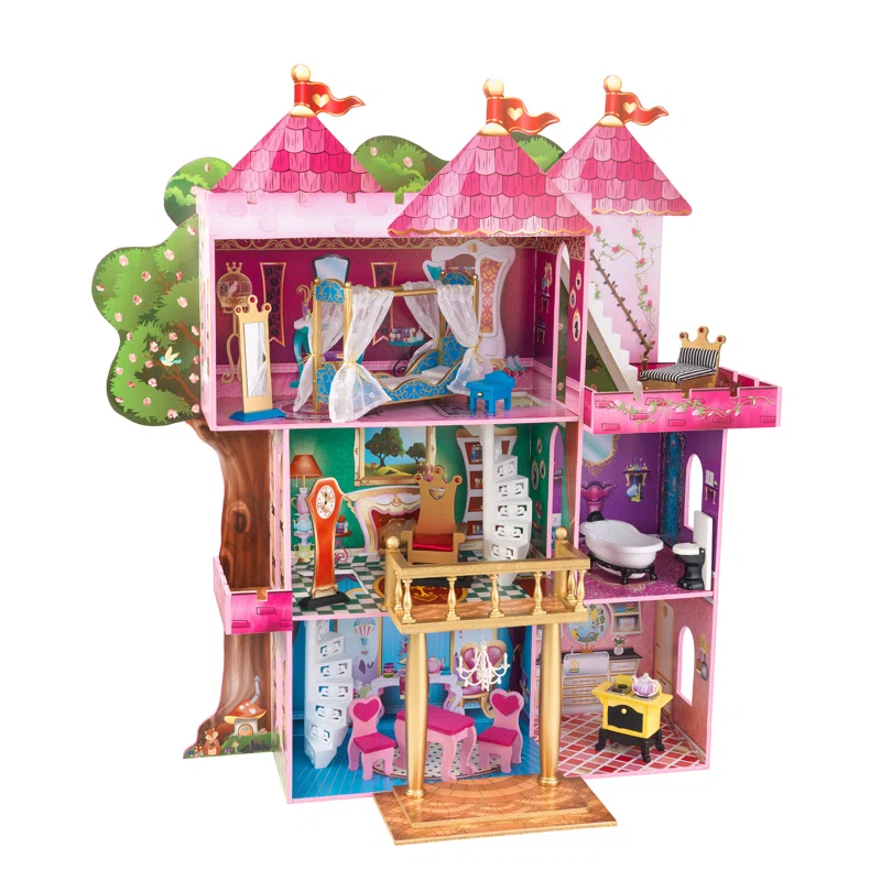 KidKraft Storybook Mansion Three-Story Wooden Dollhouse for 12-Inch Dolls with 14-Piece Accessories. Gift for Ages 3+