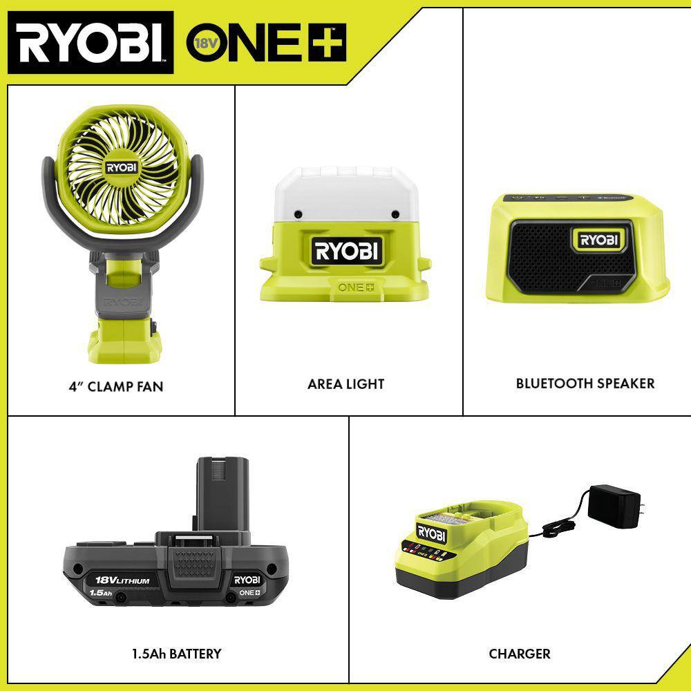 RYOBI PCL1303K1N ONE+ 18V Cordless 3-Tool Campers Kit with Area Light. Bluetooth Speaker. 4 in. Clamp Fan. 1.5 Ah Battery. and Charger