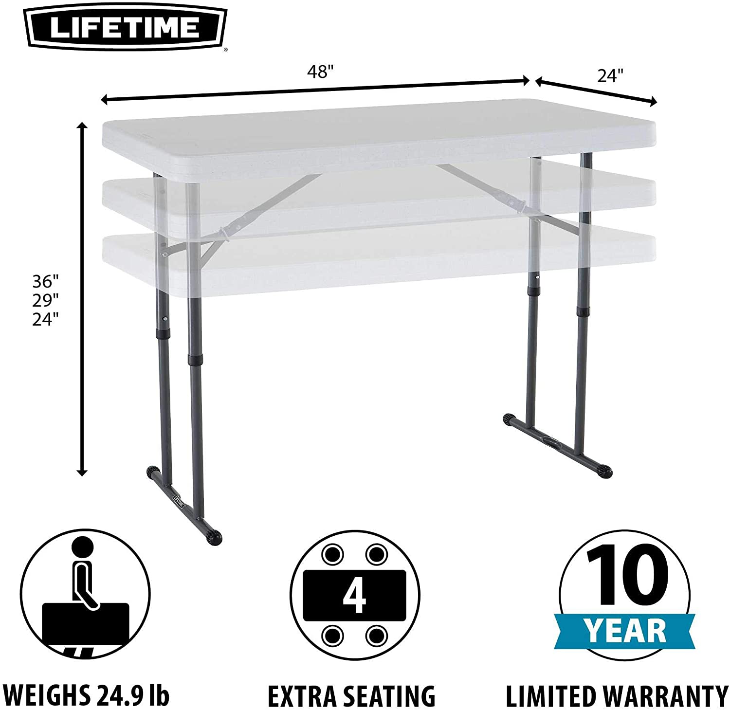 LIFETIME 80160 Commercial Height Adjustable Folding Utility Table. 4 Feet. White Granite