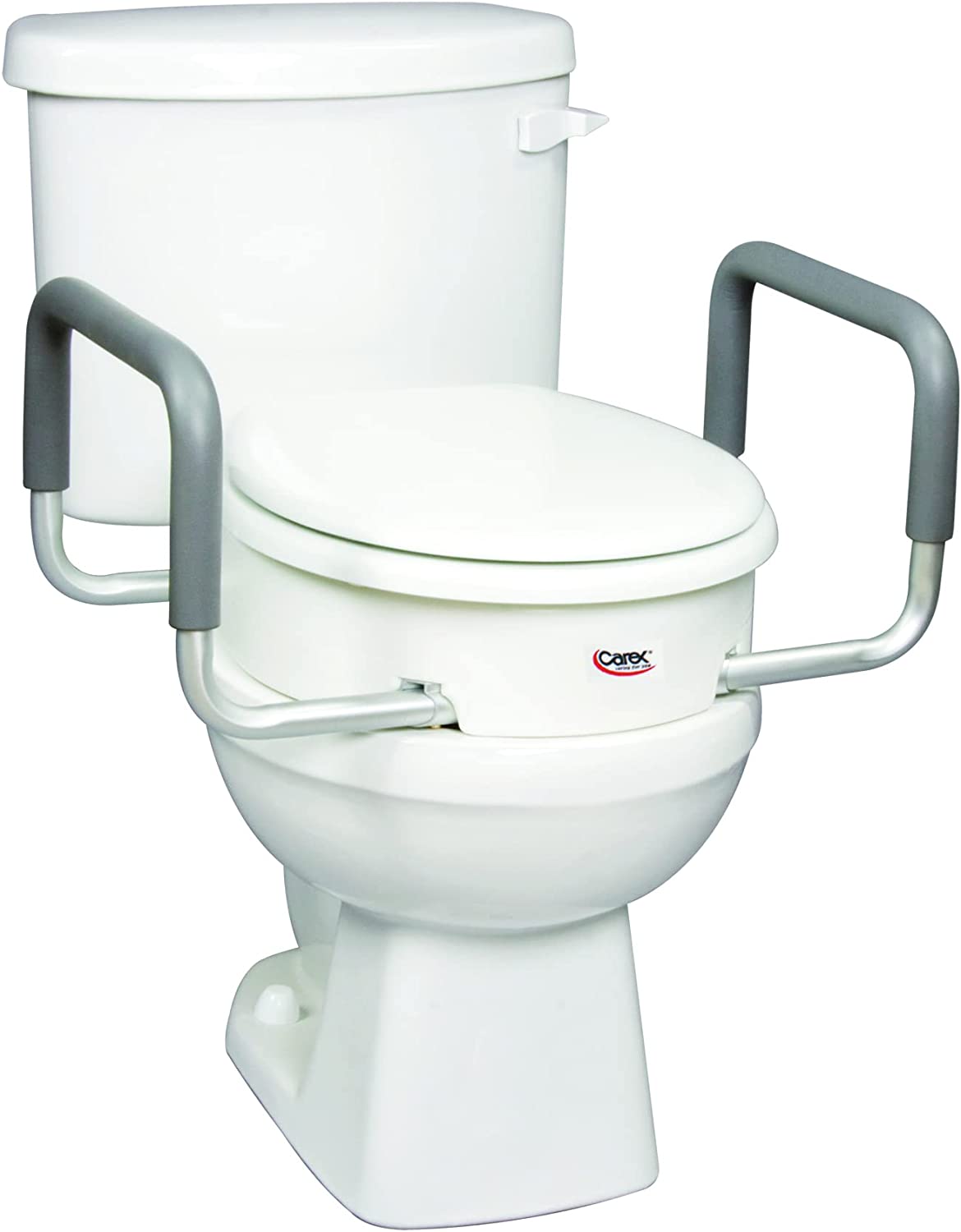 Carex 3.5 Inch Raised Toilet Seat with Arms - For Elongated Toilets. Elevated Toilet Riser with Removable Padded Handles. Easy On and Off. Support 250 lbs. White