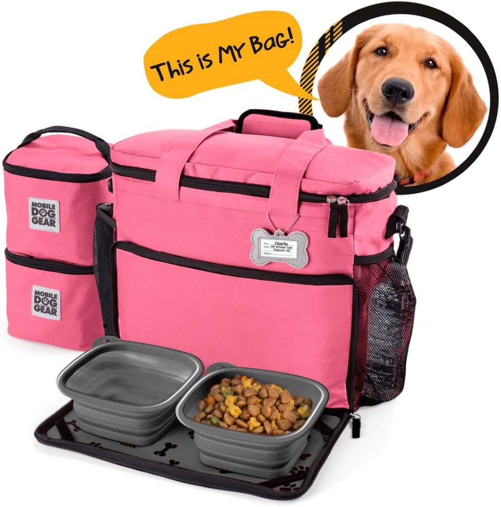 Mobile Dog Gear. Week Away Dog Travel Bag for Medium and Large Dogs. Includes Lined Food Carriers and 2 Collapsible Dog Bowl. Pink. Meets Airline Requirements