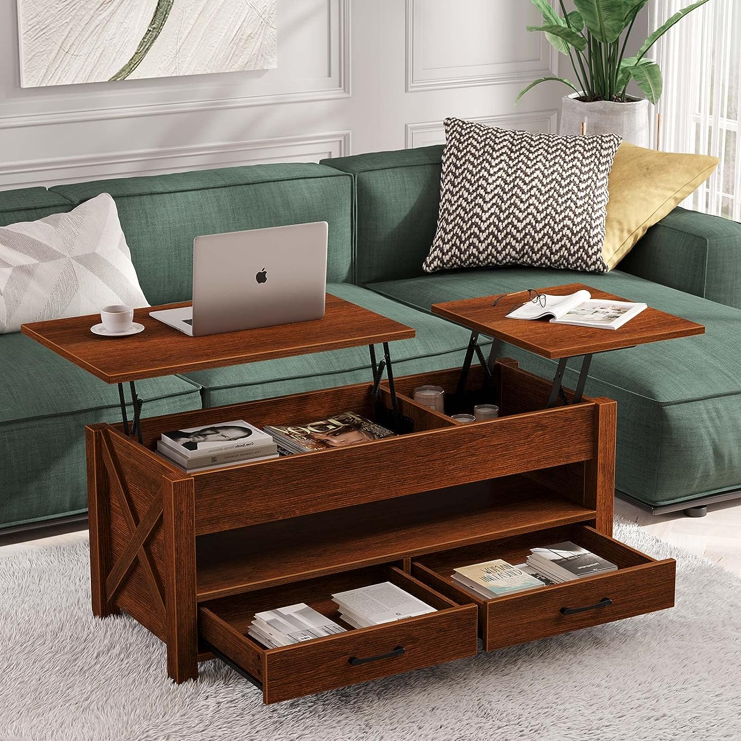 Seventable Coffee Table. 47.2″ Lift Top Coffee Table with 2 Storage Drawers and Hidden Compartment. X Wood Farmhouse Support. Retro Center Table with Wooden Lift Tabletop. for Living Room.Espresso
