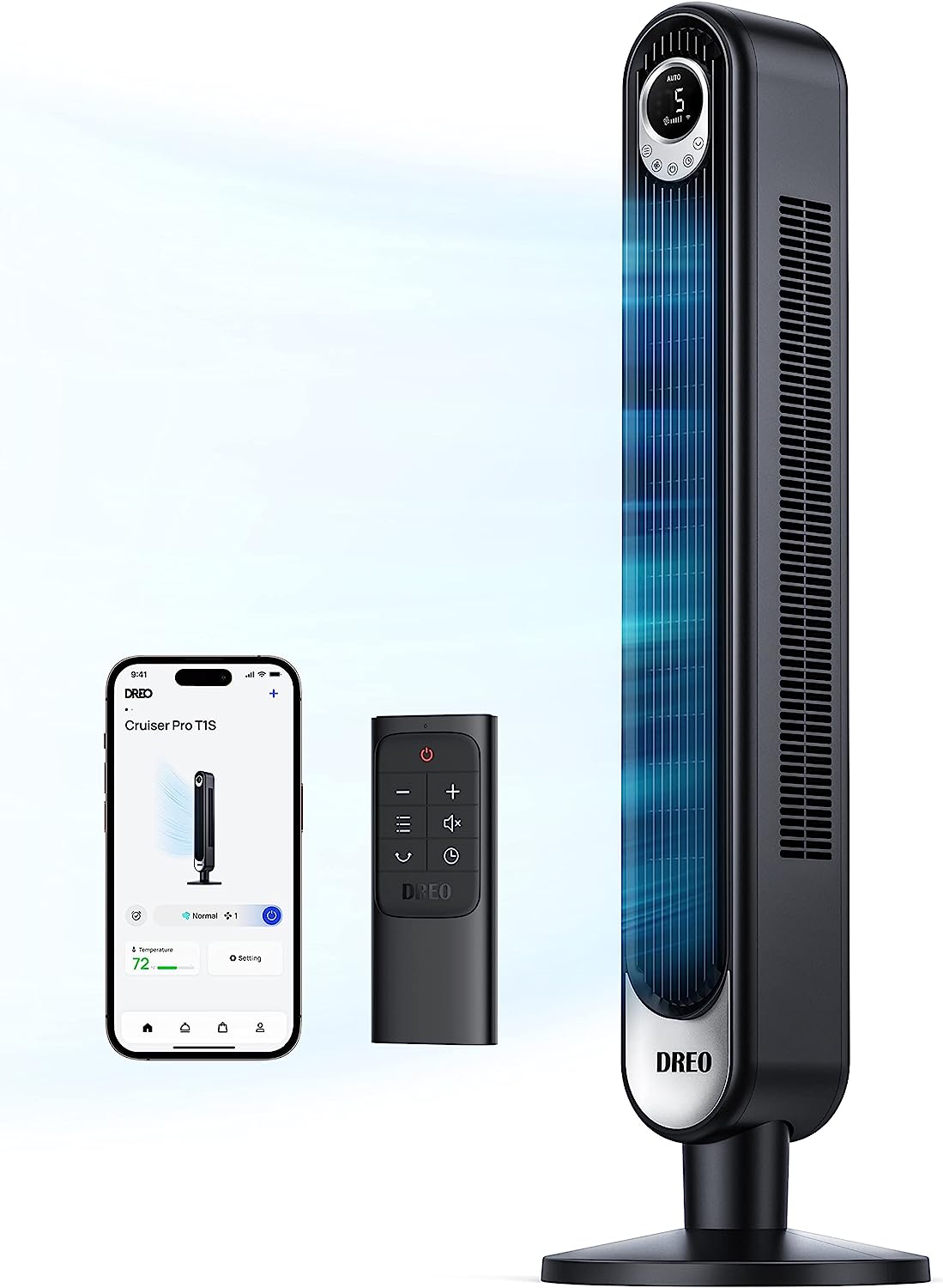Dreo Smart Tower Fan WiFi Voice Control. Works with Alexa/Google. Cruiser Pro T1S Floor Standing Bladeless Oscillating Fan with Remote. 6 Speeds. 4 Modes. 12H Timer. for Indoor Bedroom Home Office