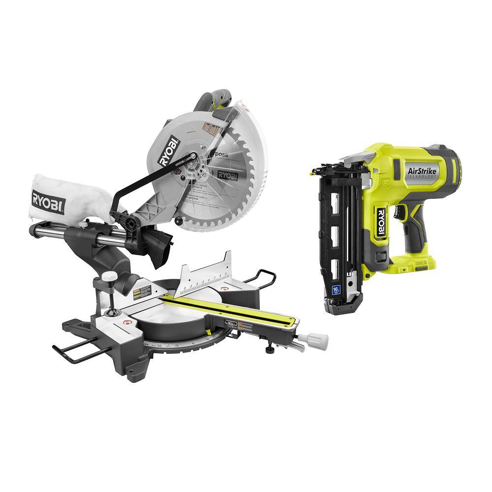 RYOBI  15 Amp Corded 12 in. Sliding Compound Miter Saw and ONE+ 18V 16-Gauge Cordless AirStrike Finish Nailer (Tool Only)