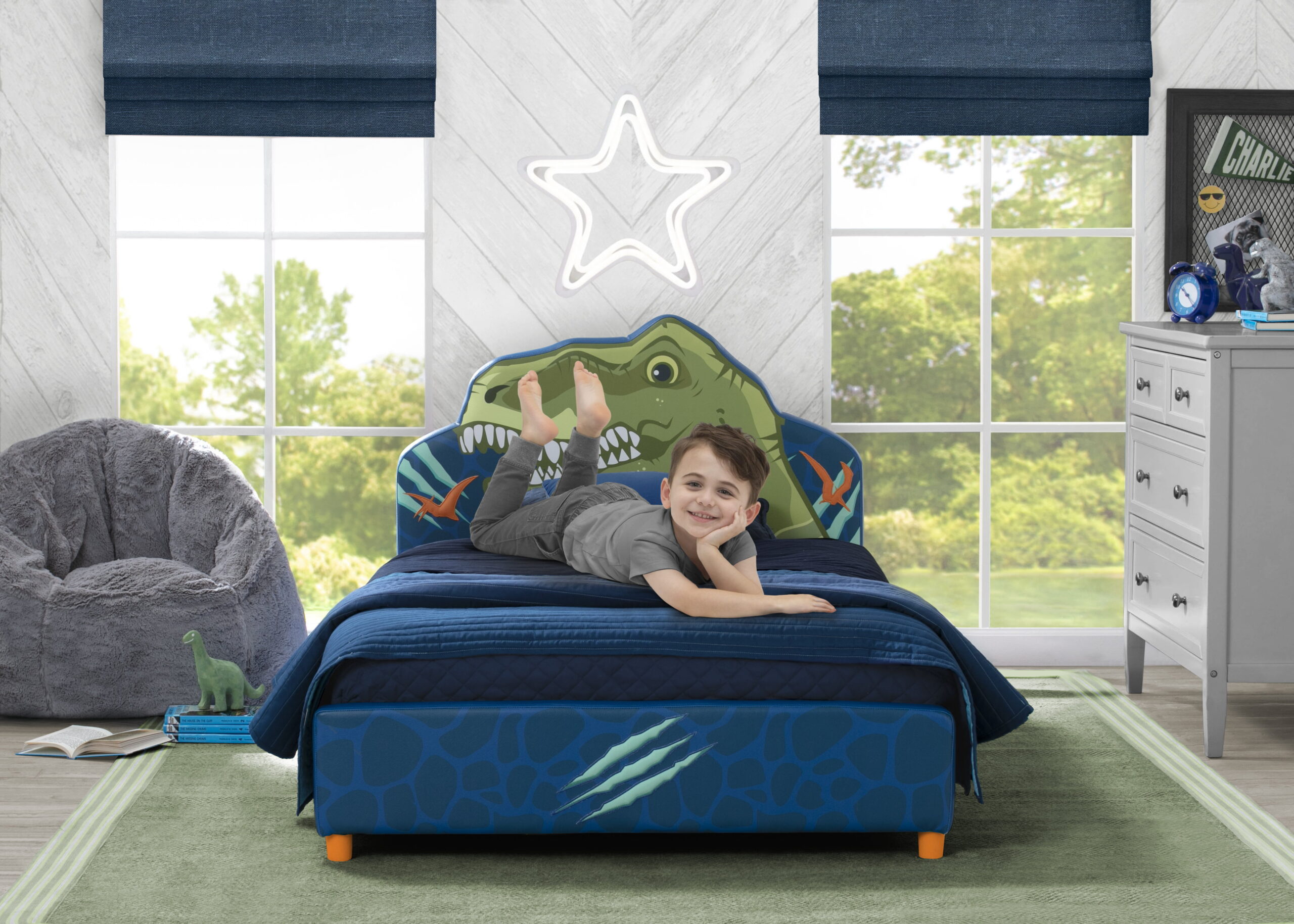 Delta Children Dinosaur Upholstered Twin Bed. Blue