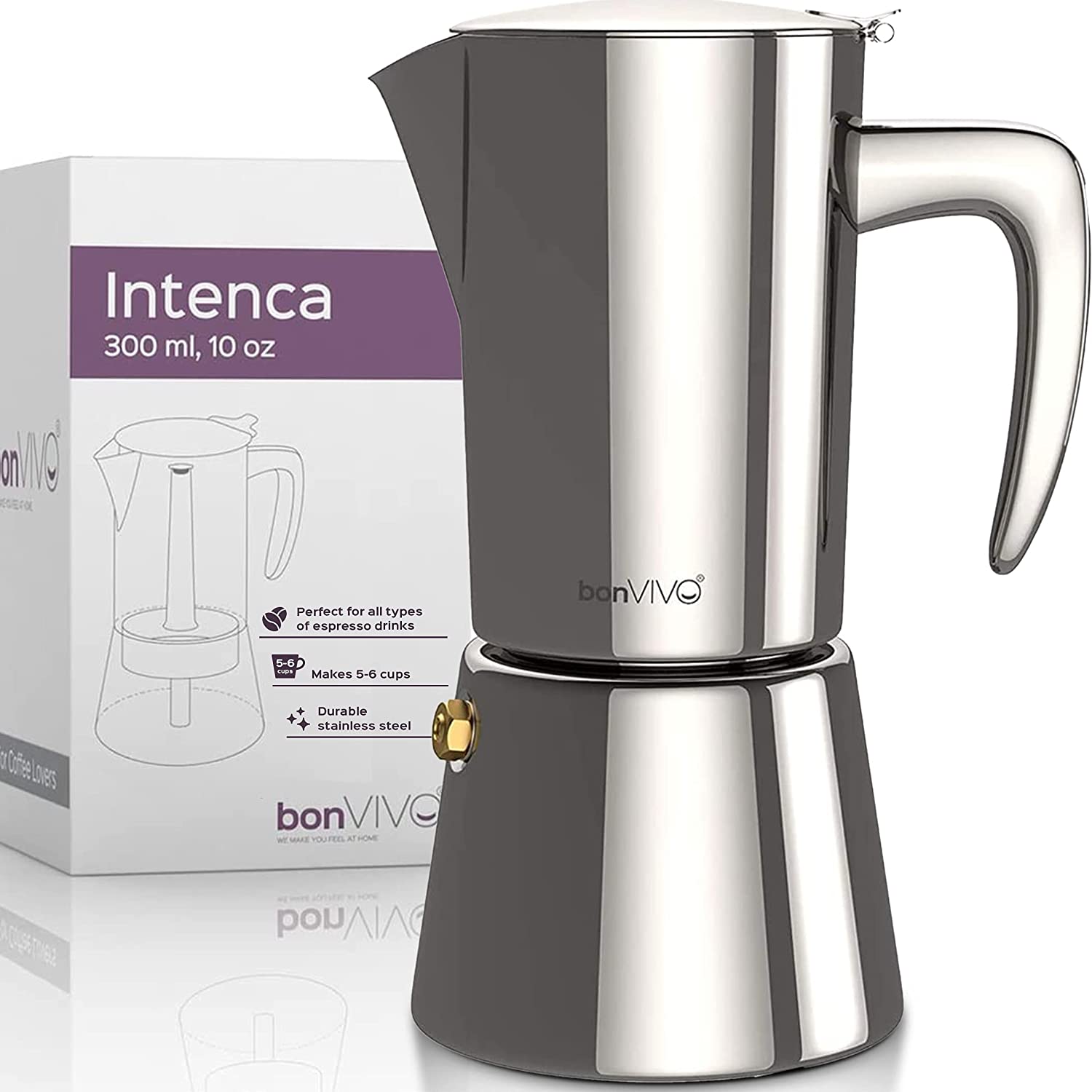 bonVIVO Intenca Stovetop Espresso Maker  Luxurious. Stainless Steel Italian Coffee Maker for Camping or Home Use Makes 6 Cups of Full-Bodied Coffee  Chrome. 10oz