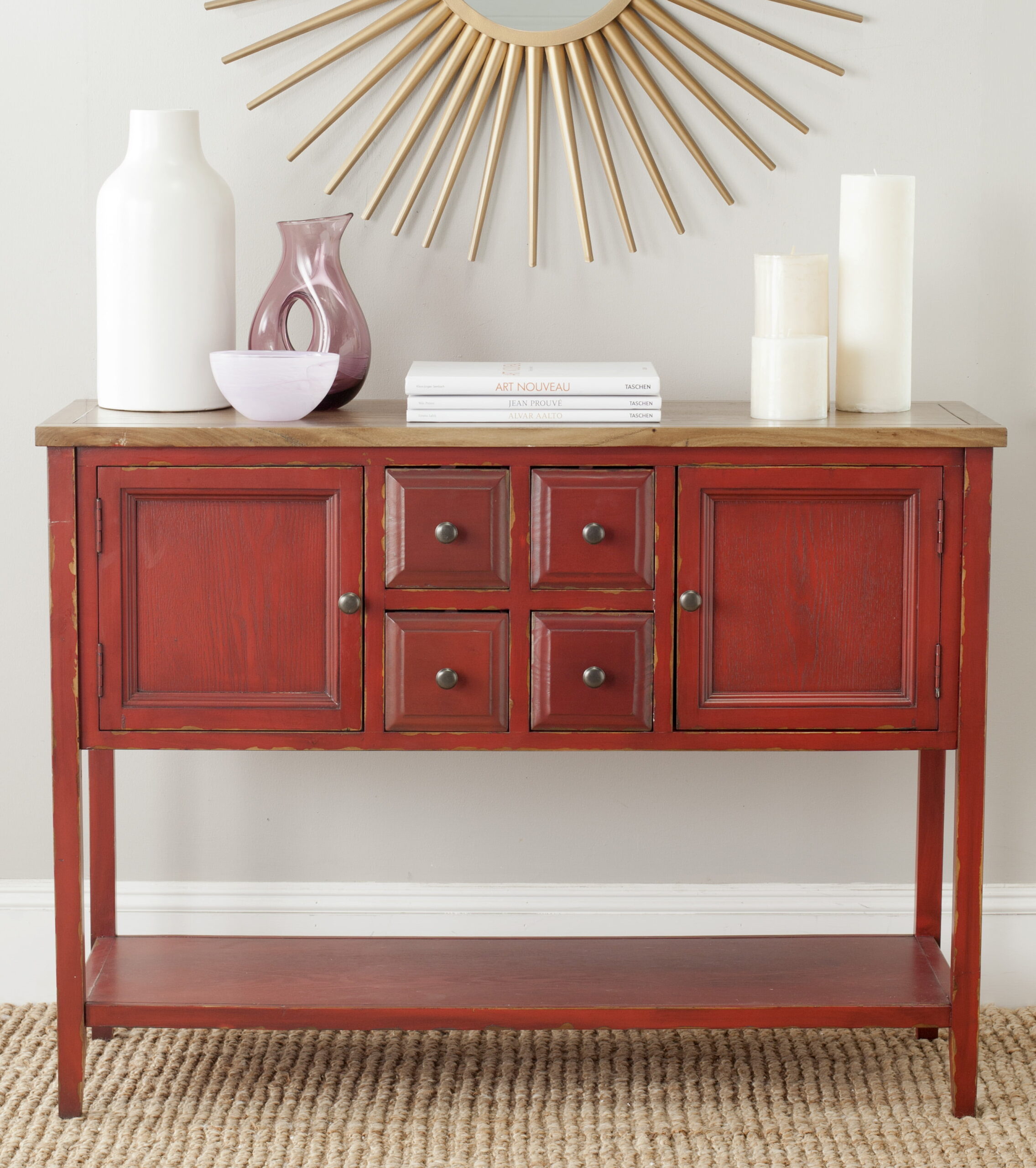 Safavieh Charlotte Rustic Storage Sideboard w/ 2 Cabinets & 4 Drawers. Egyptian Red/Oak