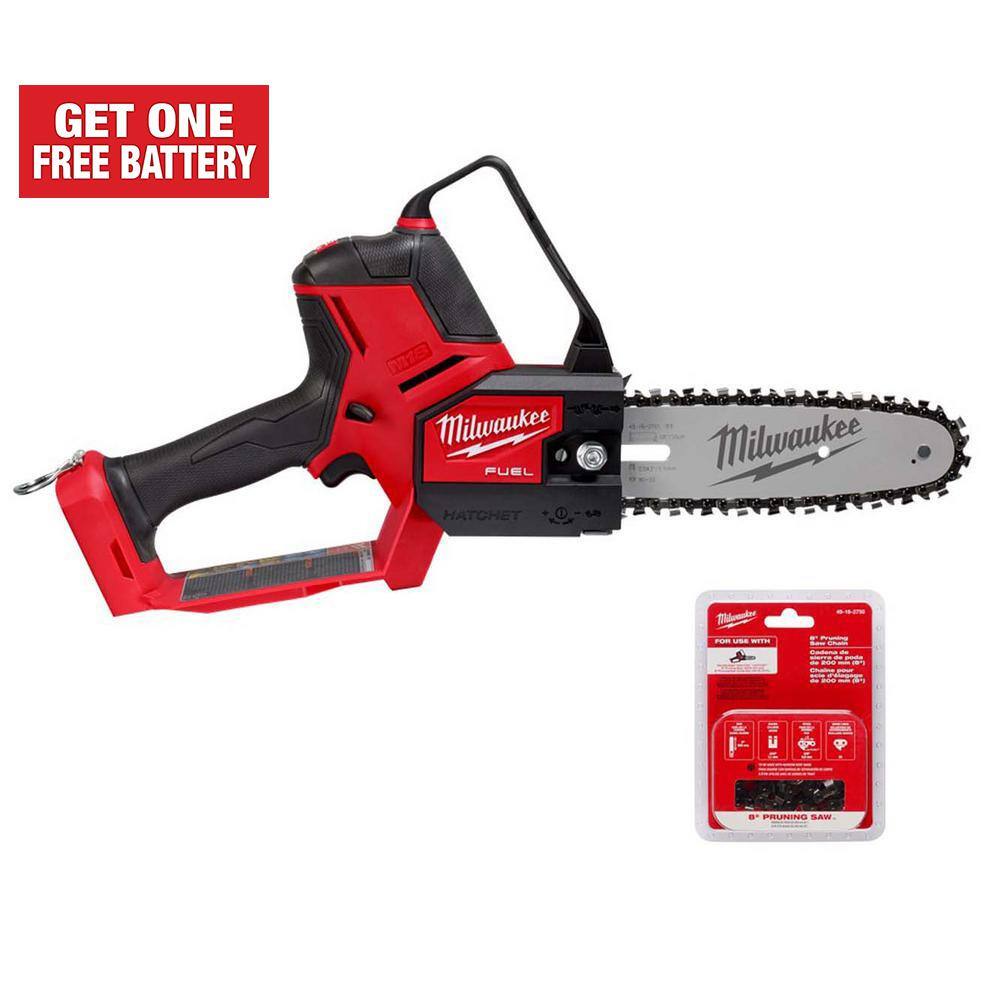 Milwaukee 3004-20-49-16-2750 M18 FUEL 8 in. 18V Lithium-Ion Brushless Electric Battery Chainsaw HATCHET Pruning Saw with Extra 8 in. Saw Chain