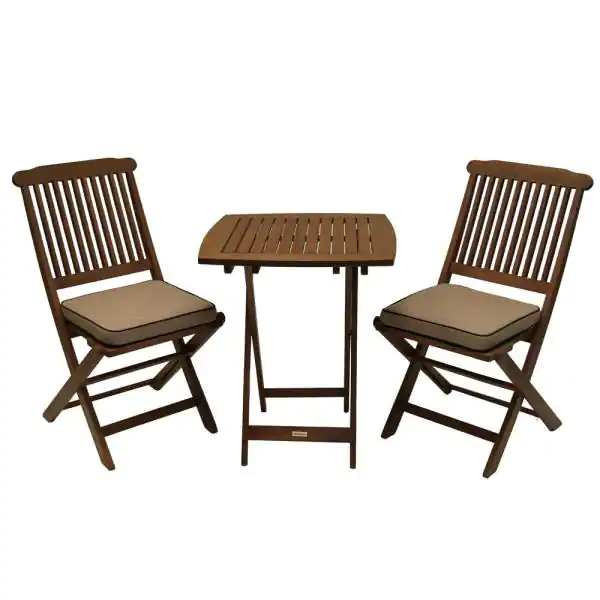Outdoor Interiors 3-Piece Eucalyptus Outdoor Bistro Set with Beige Cushions