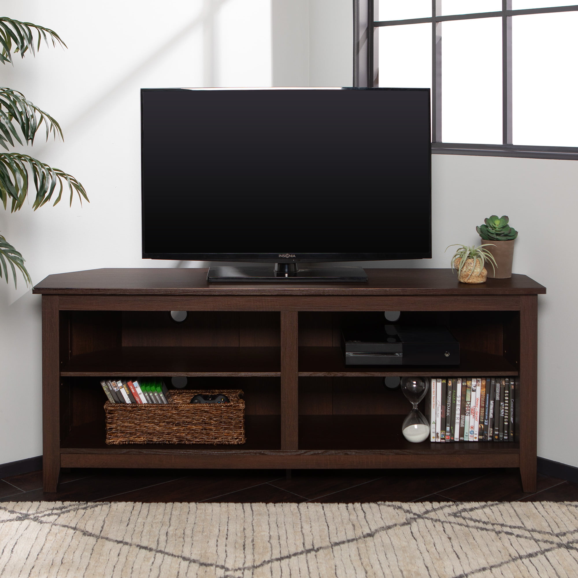 Woven Paths Farmhouse Corner TV Stand for TVs up to 65″. Espresso