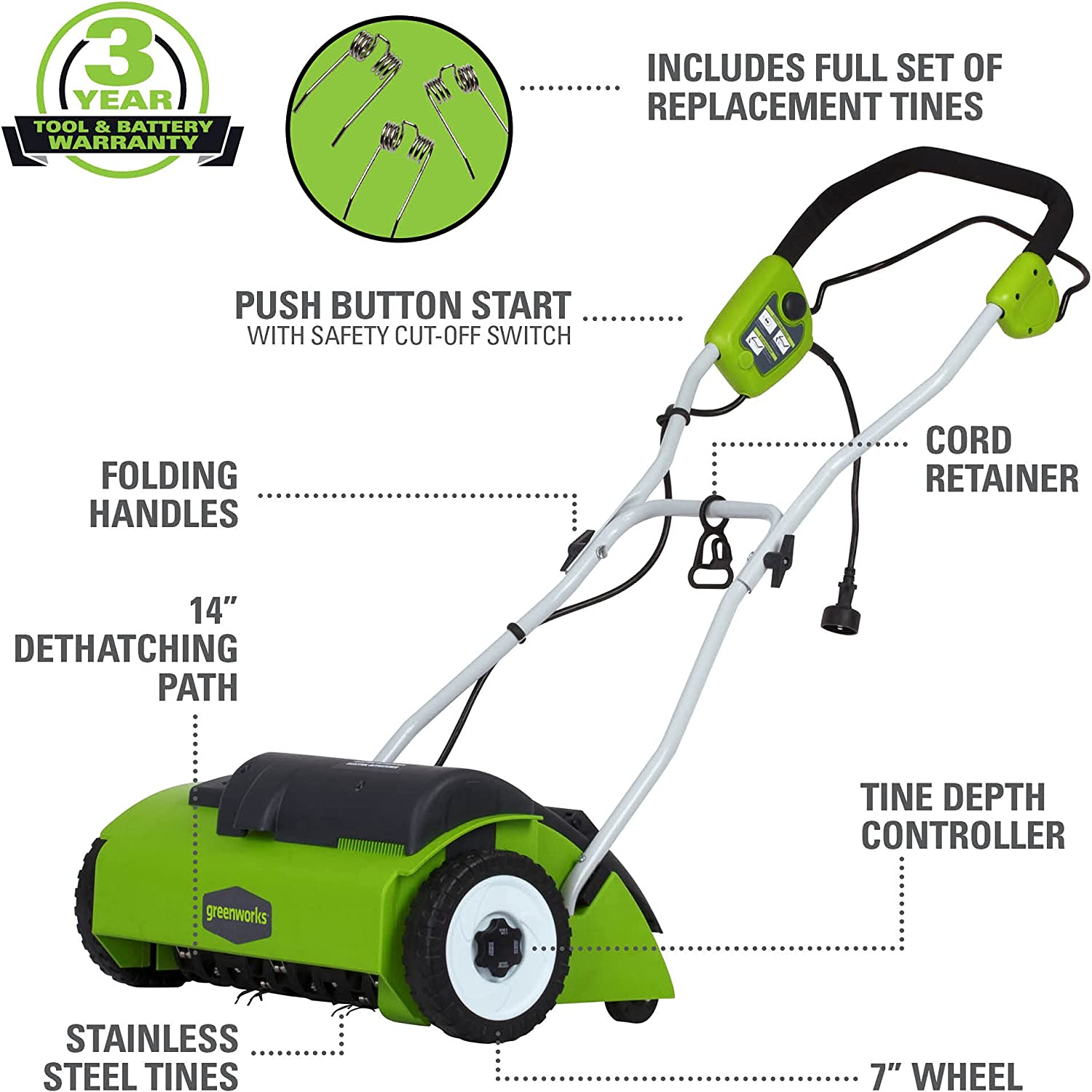 Greenworks  27022 Corded Electric Dethatcher (Stainless Steel Tines)