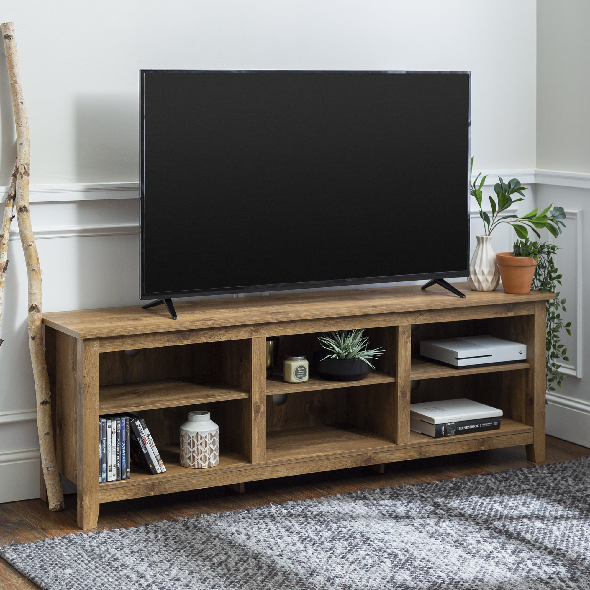 Woven Paths Open Storage TV Stand for TVs up to 80″. Barnwood