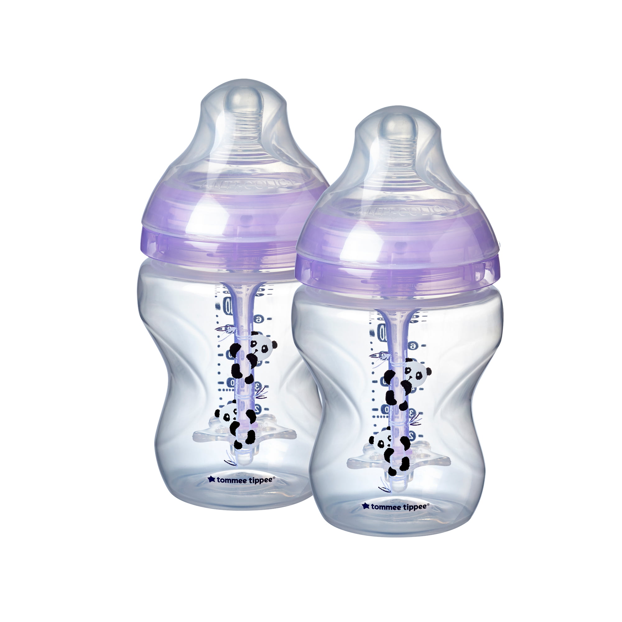 Tommee Tippee Anti-Colic Baby Bottles | Slow Flow Breast-Like Nipple and Unique Anti-Colic Venting System | Purple Pandas (9oz. 2 Count)