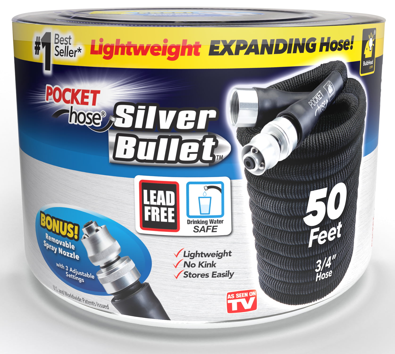 Pocket Hose Original Silver Bullet Water Hose by BulbHead - Expandable Garden Hose That Grows with Lead-Free Aluminum Connectors - Safe Drinking Water Hose (50 Feet)