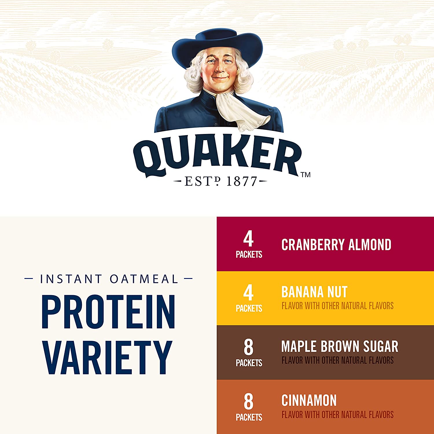 Quaker Instant Oatmeal. Protein 4 Flavor Variety Pack. 7g+ Protein. Individual Packets. 24 Count
