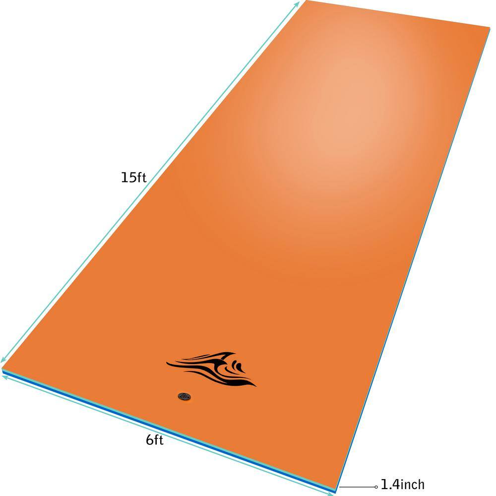 Unbranded WY-23 15 ft. x 6 ft. Orange Vinyl 3-Layer Floating Water Mat Foam Pad with Storage Straps for Adults Outdoor Water Activities
