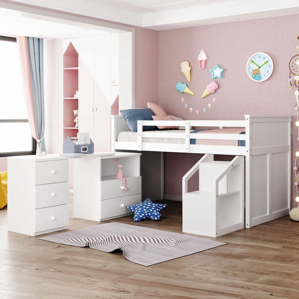 Harper & Bright Designs  Low Study White Twin Size Wood Loft Bed with Storage Steps. Drawers and Portable Desk