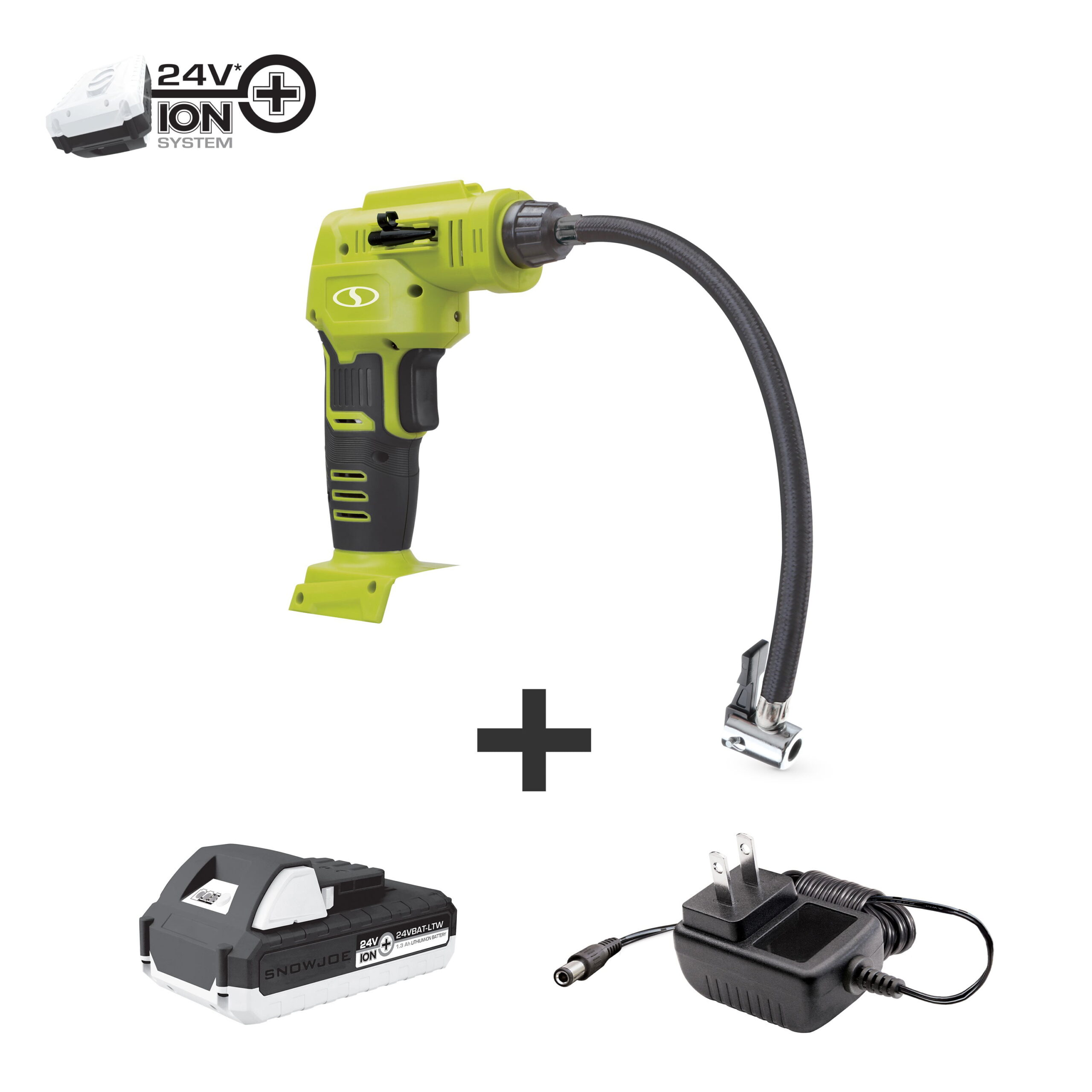 Sun Joe 24V-AJC-MAX Cordless Portable Air Compressor Kit . W/ 1.3-Ah Battery. Nozzle Accessories. and Storage Bag