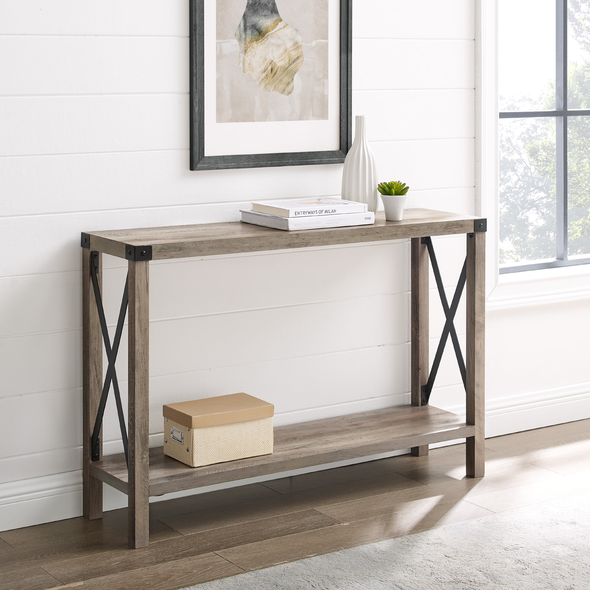 Woven Paths Magnolia Metal X Console Table. Gray Wash