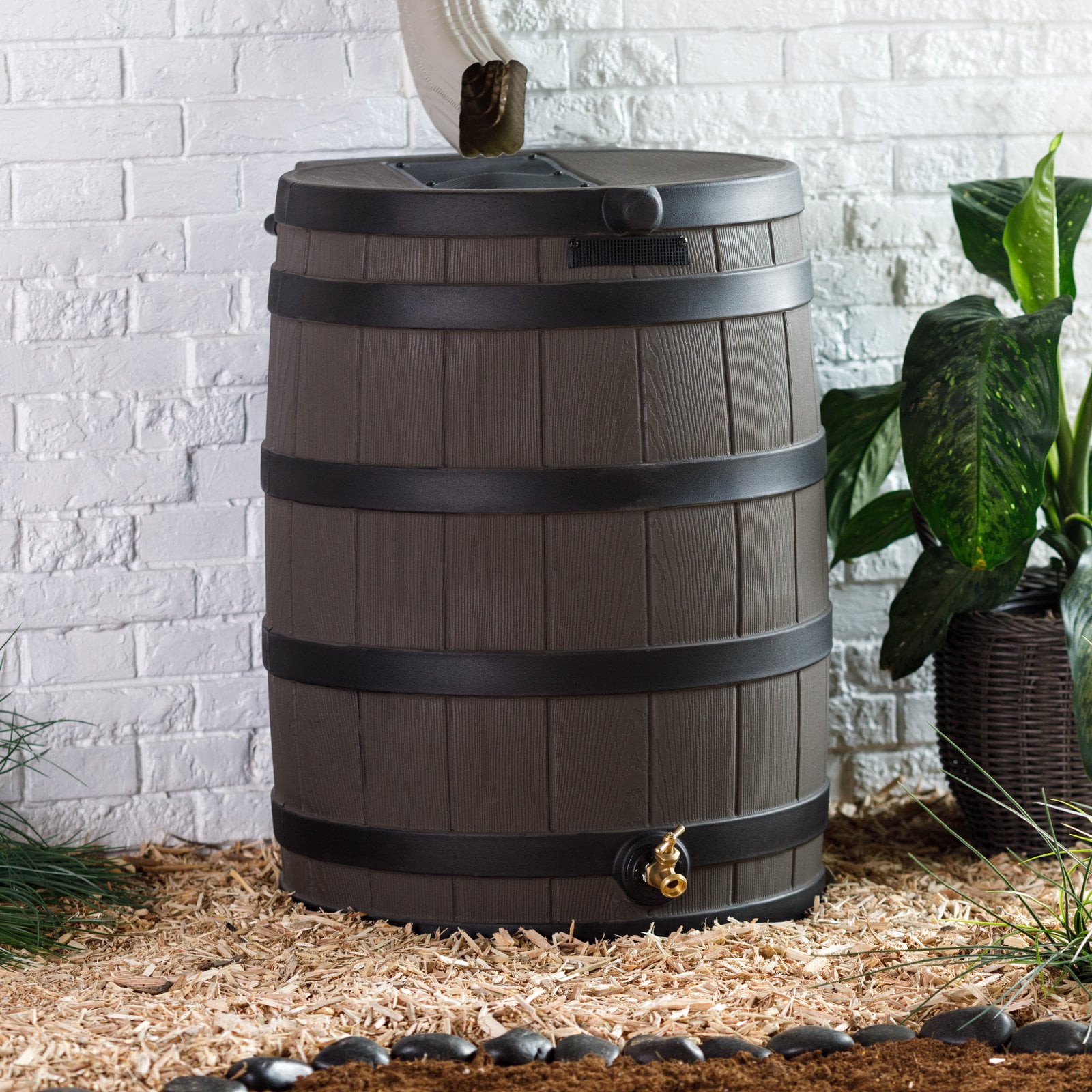 Good Ideas 50 Gallon Rain Wizard Darkened Rib Rain Barrel. Terra Cotta
