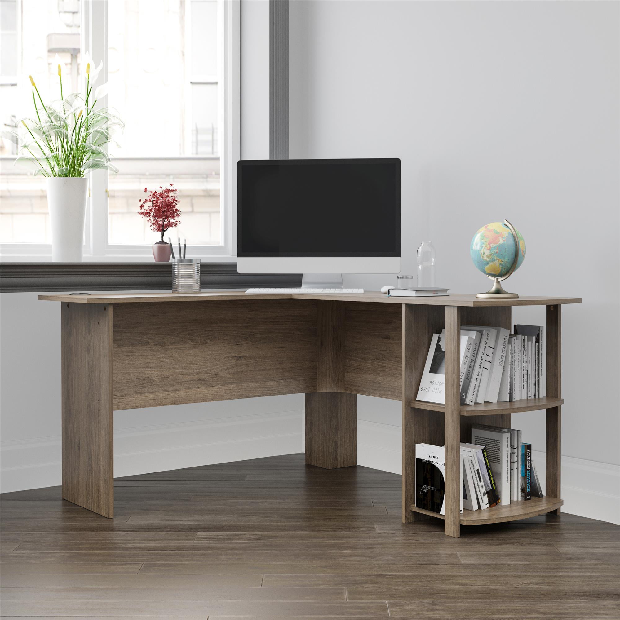 Ameriwood Home Dominic L Desk with Bookshelves. Rustic Oak
