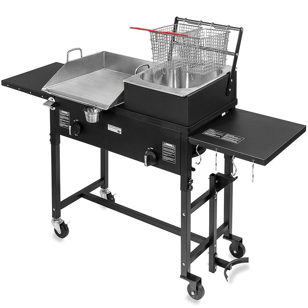 XtremepowerUS 95534-H2 45 in. Portable Outdoor Gas Propane Double Burner Grill BBQ Station in Black w/ Flat Top Griddle & Foldable Side Shelves
