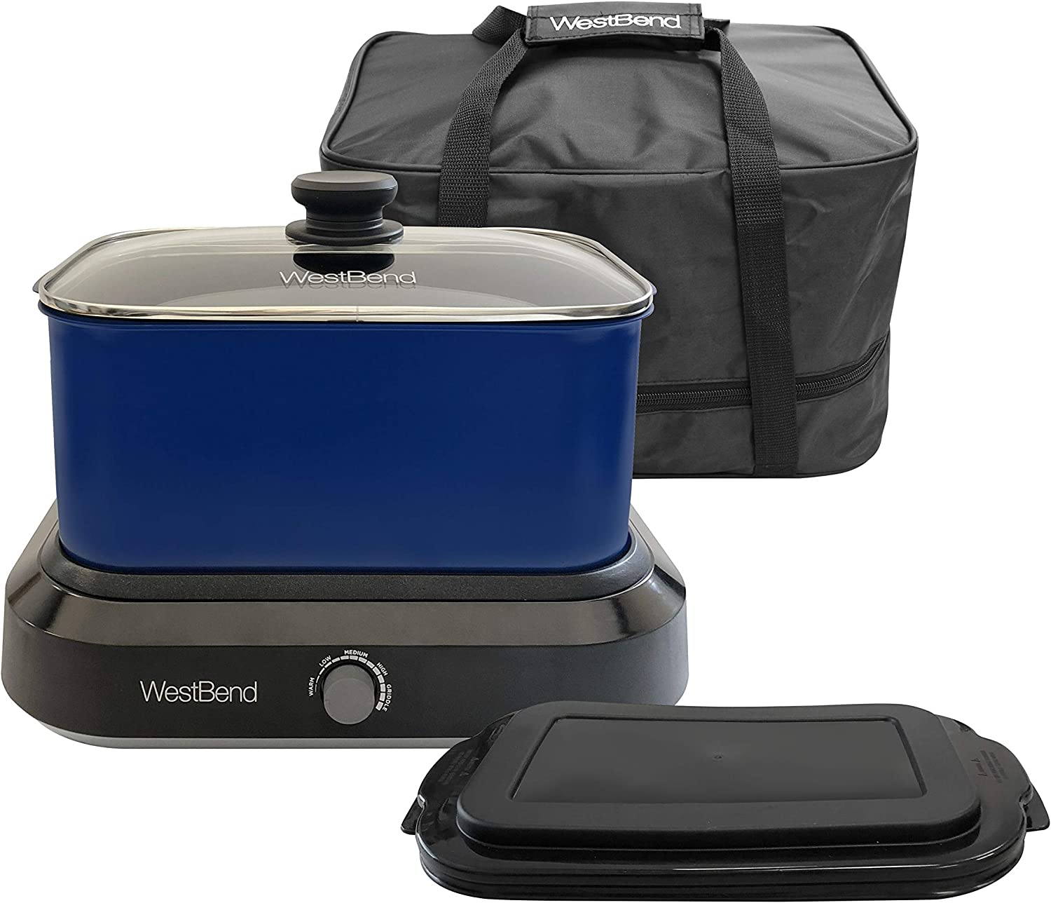 West Bend 87905B Slow Cooker Large Capacity Non-stick Variable Temperature Control Includes Travel Lid and Thermal Carrying Case. 5-Quart. Blue