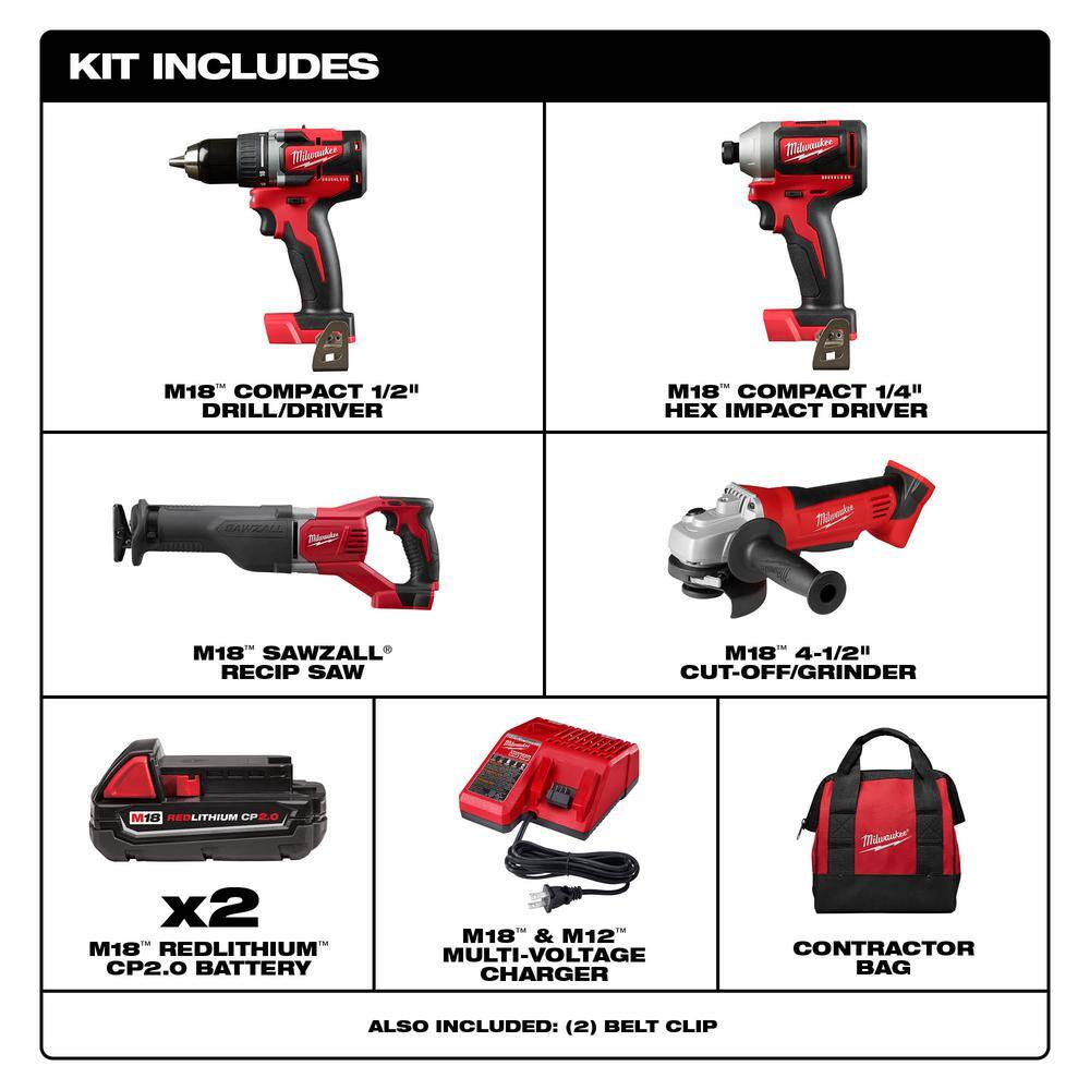 Milwaukee 2892-22CT-2621-20-2680-20 M18 18V Lithium-Ion Brushless Cordless Compact Drill/Impact Combo Kit (2-Tool) with Reciprocating Saw & Grinder