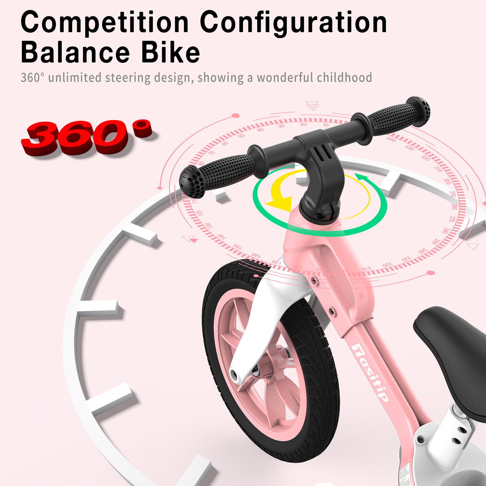 Nasitip Balance Bike for 2 3 4 5 Year Old Kids Boys Girls 12-Inch Wheels Training Bike No Pedal Adjustable Seat Height Pink