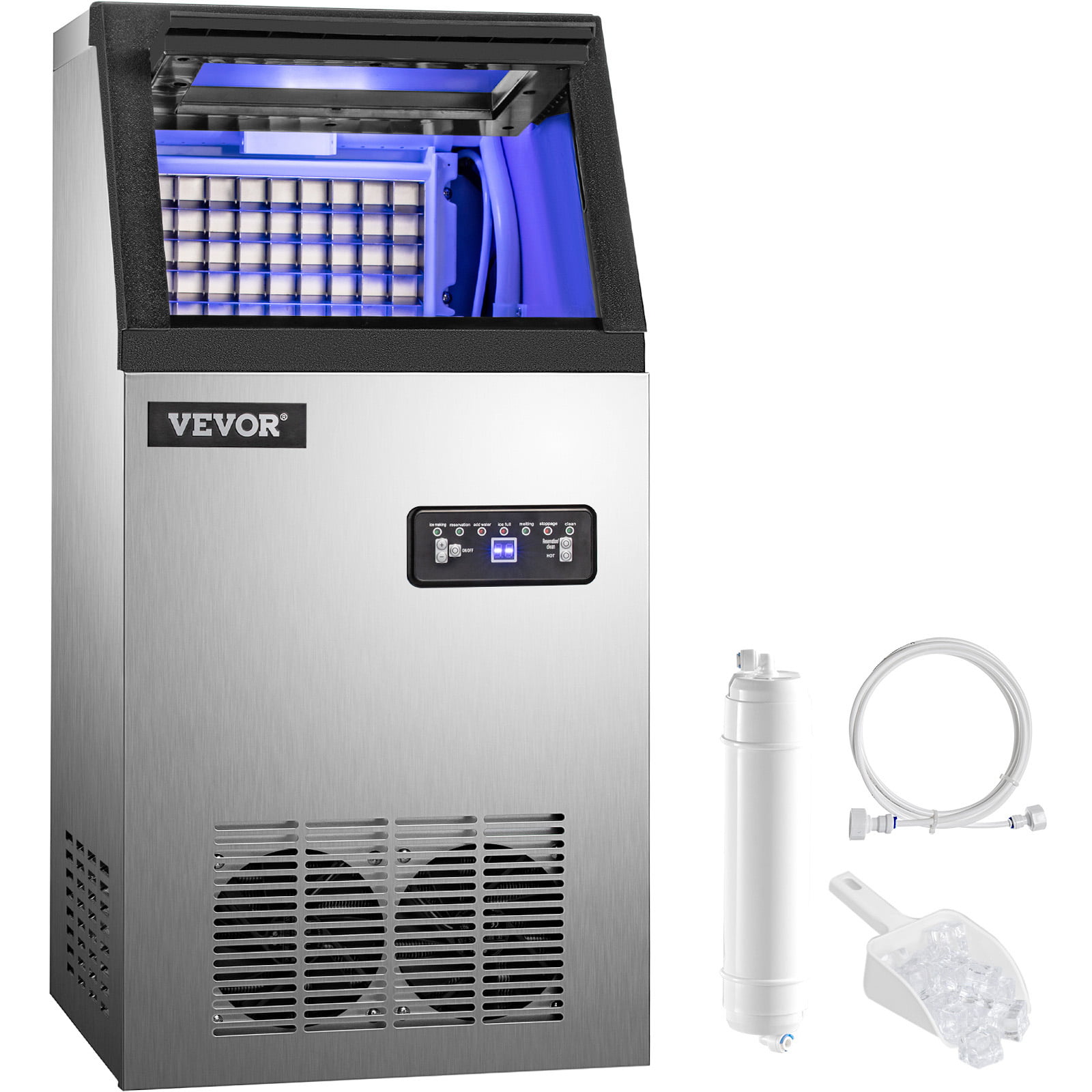 VEVOR Commercial Ice Maker 110lbs/24h.Ice Machine with 22 lbs. Storage 5×8 Cubes Stainless Steel. Includes Scoop and Connection Hose