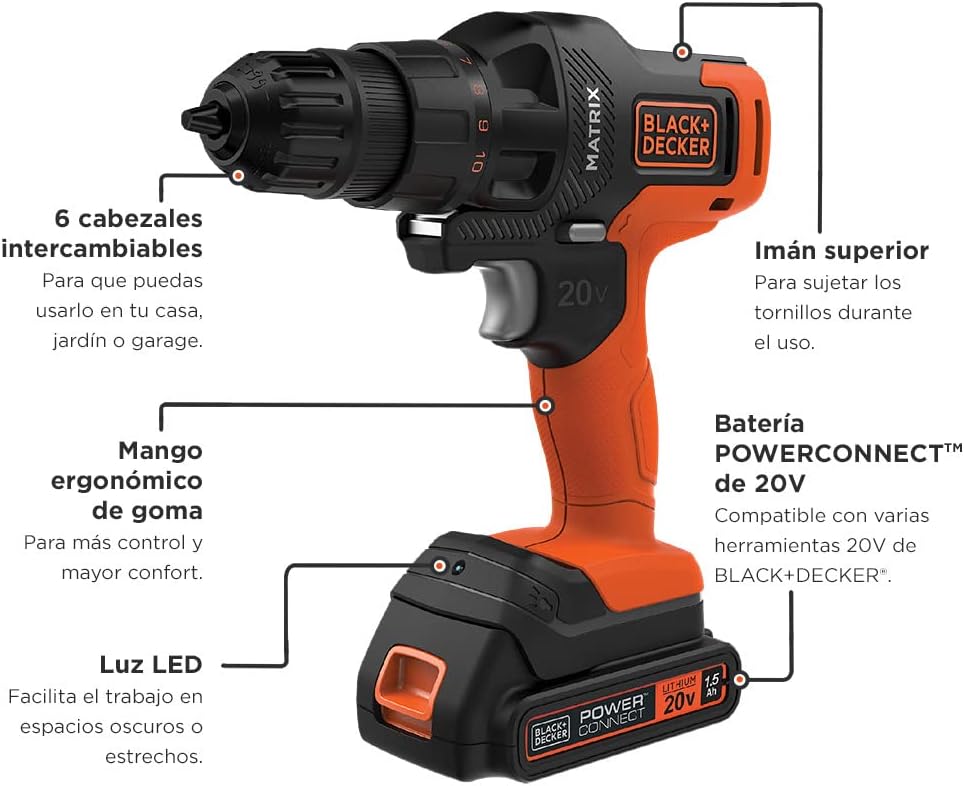BLACK+DECKER 20V MAX MATRIX Drill. Power Tool Combo Kit. 6-Tool Set. Cordless Tool Set (BDCDMT1206KITC)
