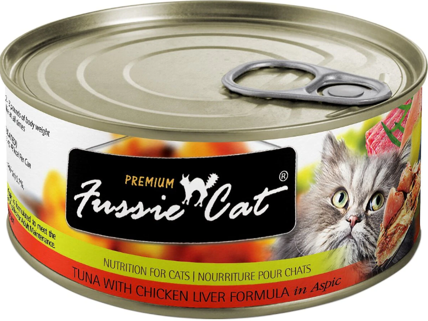 Fussie Cat Premium Tuna with Chicken Liver Formula in Aspic Grain-Free Canned Cat Food 2.8-oz case of 24