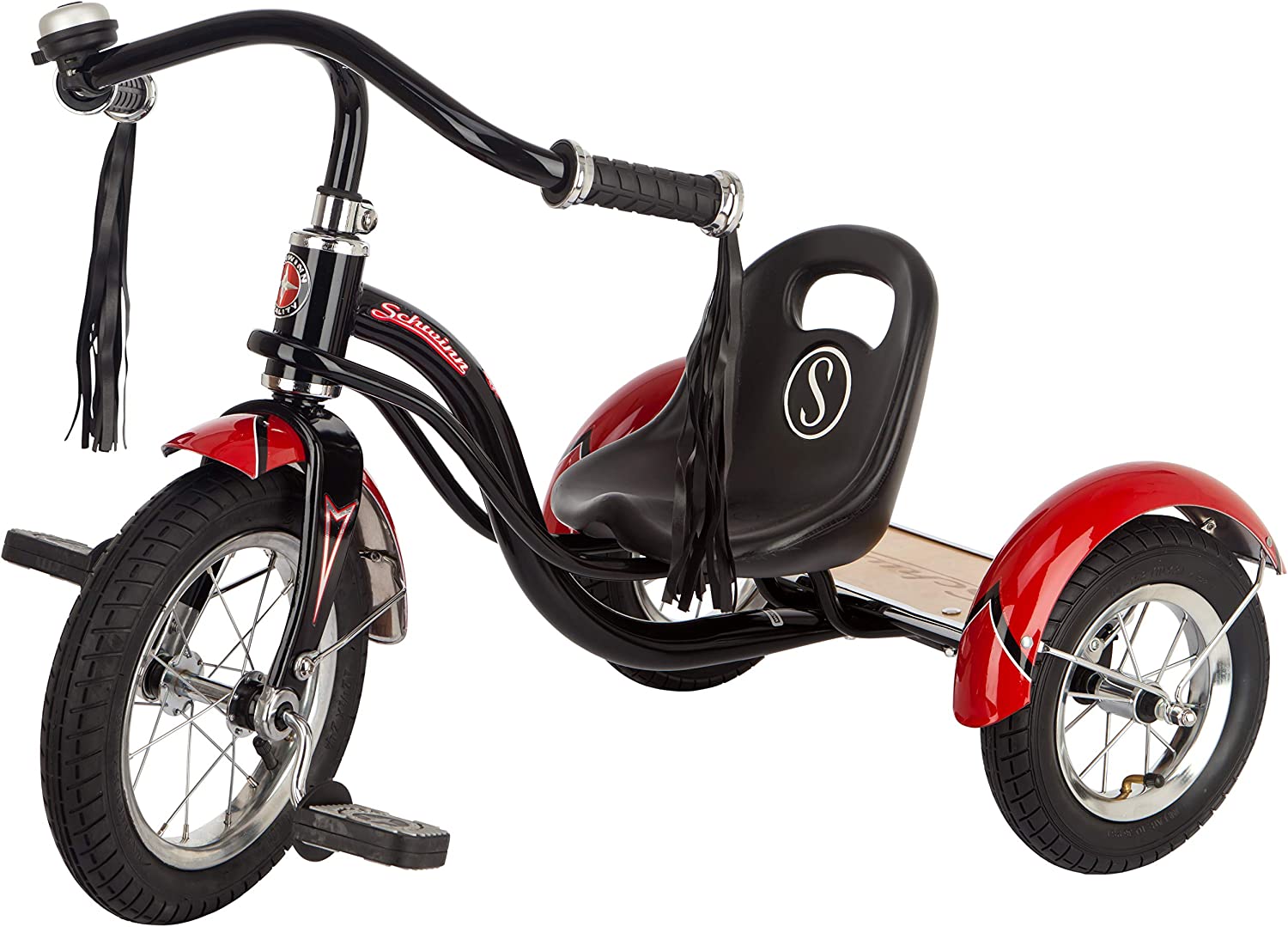 Schwinn Roadster Bike for Toddlers. Kids Classic Tricycle. Boys and Girls Ages 2 - 4 Years Old. Steel Trike Frame. Rear Deck Made of Genuine Wood. & Fabric Tassels. Black