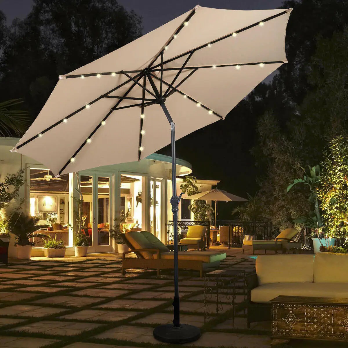 Costway 10 ft. Steel Market Tilt Patio Solar Umbrella LED with Crank in Beige