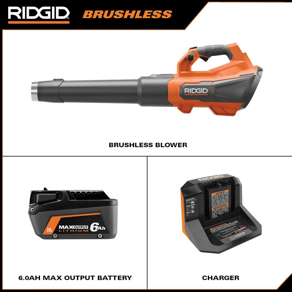 RIDGID R01601K 18V Brushless 130 MPH 510 CFM Cordless Battery Leaf Blower with 6.0 Ah MAX Output Battery and Charger