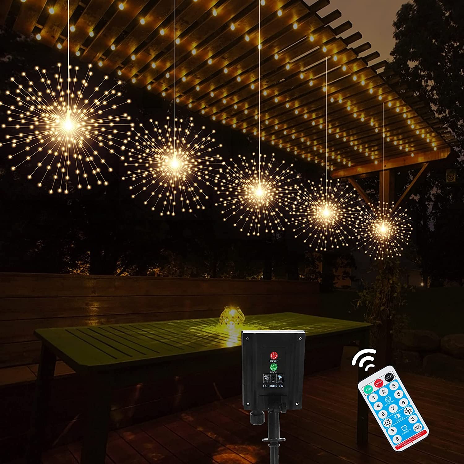 PXBNIUYA 5 Pack Solar Starburst Sphere Lights.200 LED Firework Lights. 8 Modes Dimmable Waterproof Hanging Fairy Light. Copper Wire Lights for Patio Parties Christmas (Warm White)