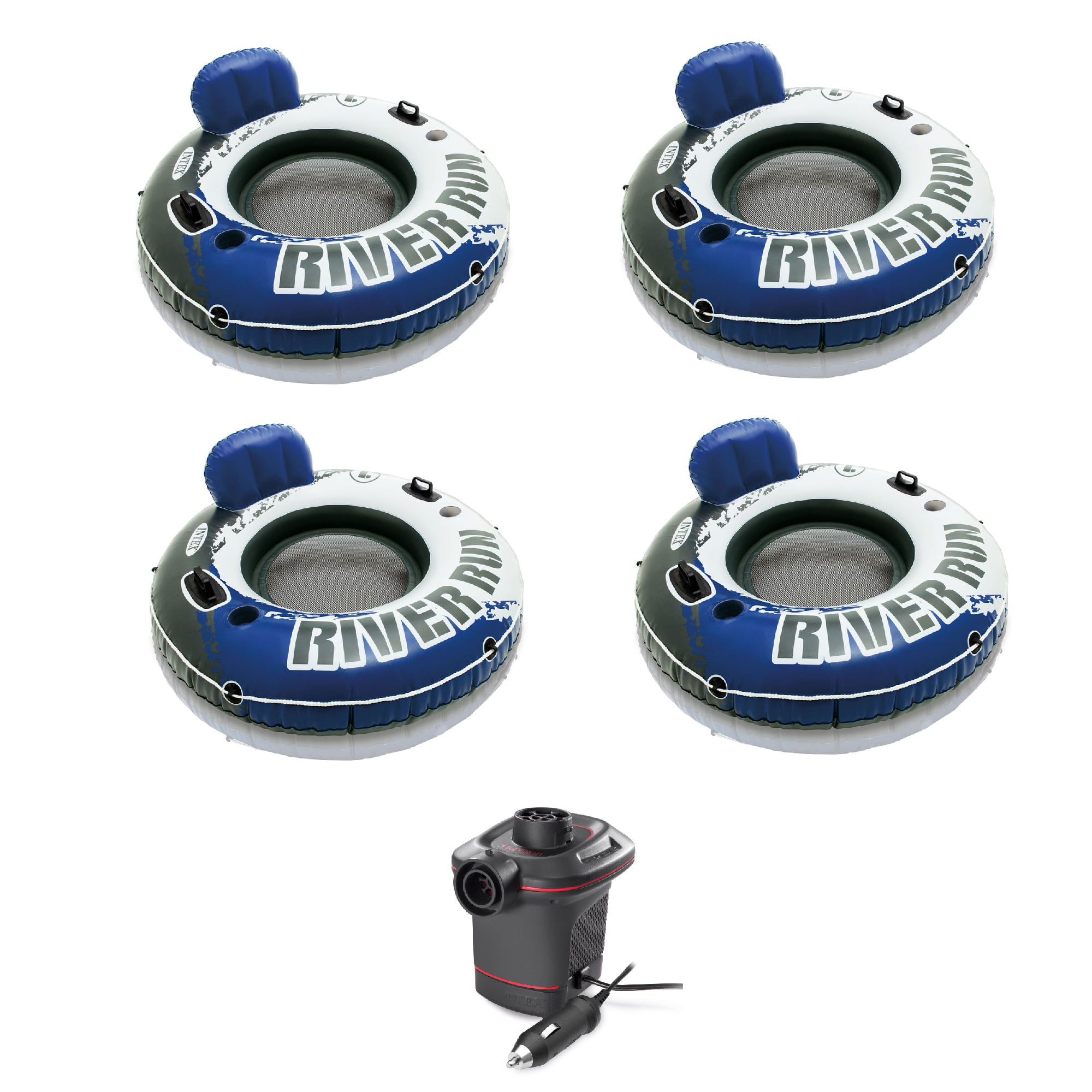 Intex 4 Pack of River Run 1 Person Floating Tubes and Single 12V Air Pump