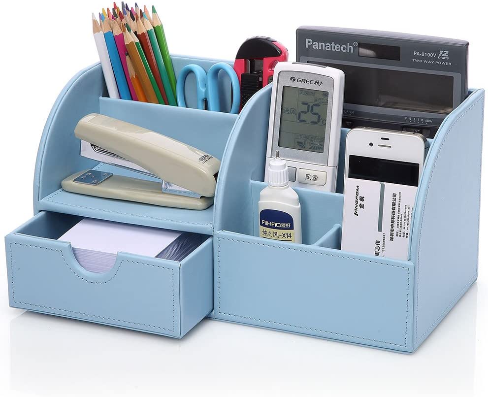 KINGFOM Pu Leather Desk Organizer Pen Pencil Holder Office Supplies Caddy Storage Box 6 Compartments with Drawer Blue
