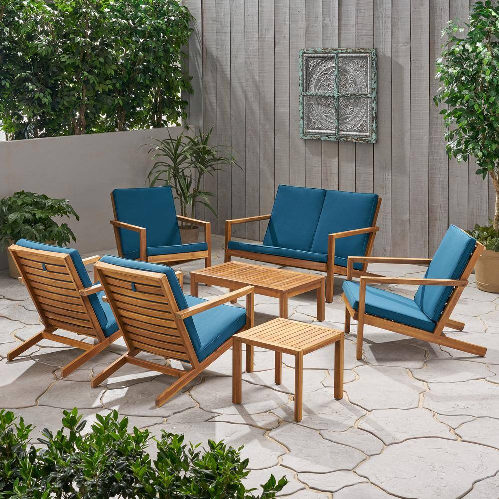 Noble House  Leah Brown Patina 7-Piece Wood Patio Conversation Seating Set with Dark Teal Cushions