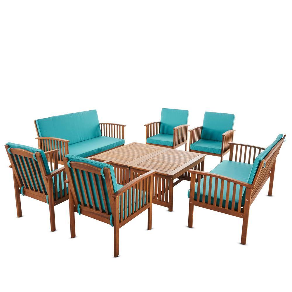 Noble House  Thalia Brown 8-Piece Wood Patio Conversation Set with Teal Cushions