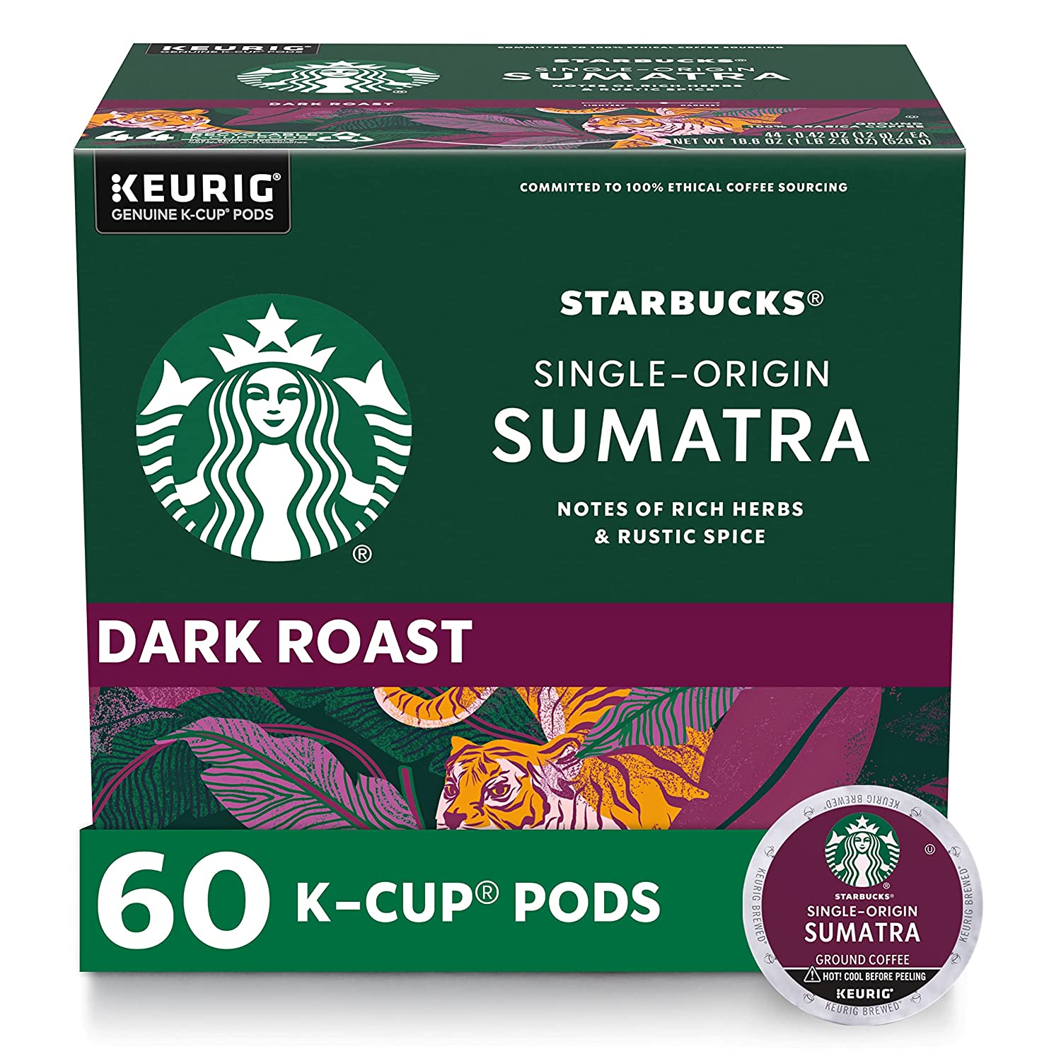 Starbucks K-Cup Coffee Pods. Dark Roast Coffee. Sumatra for Keurig Brewers. 100% Arabica. 6 boxes (60 pods total)