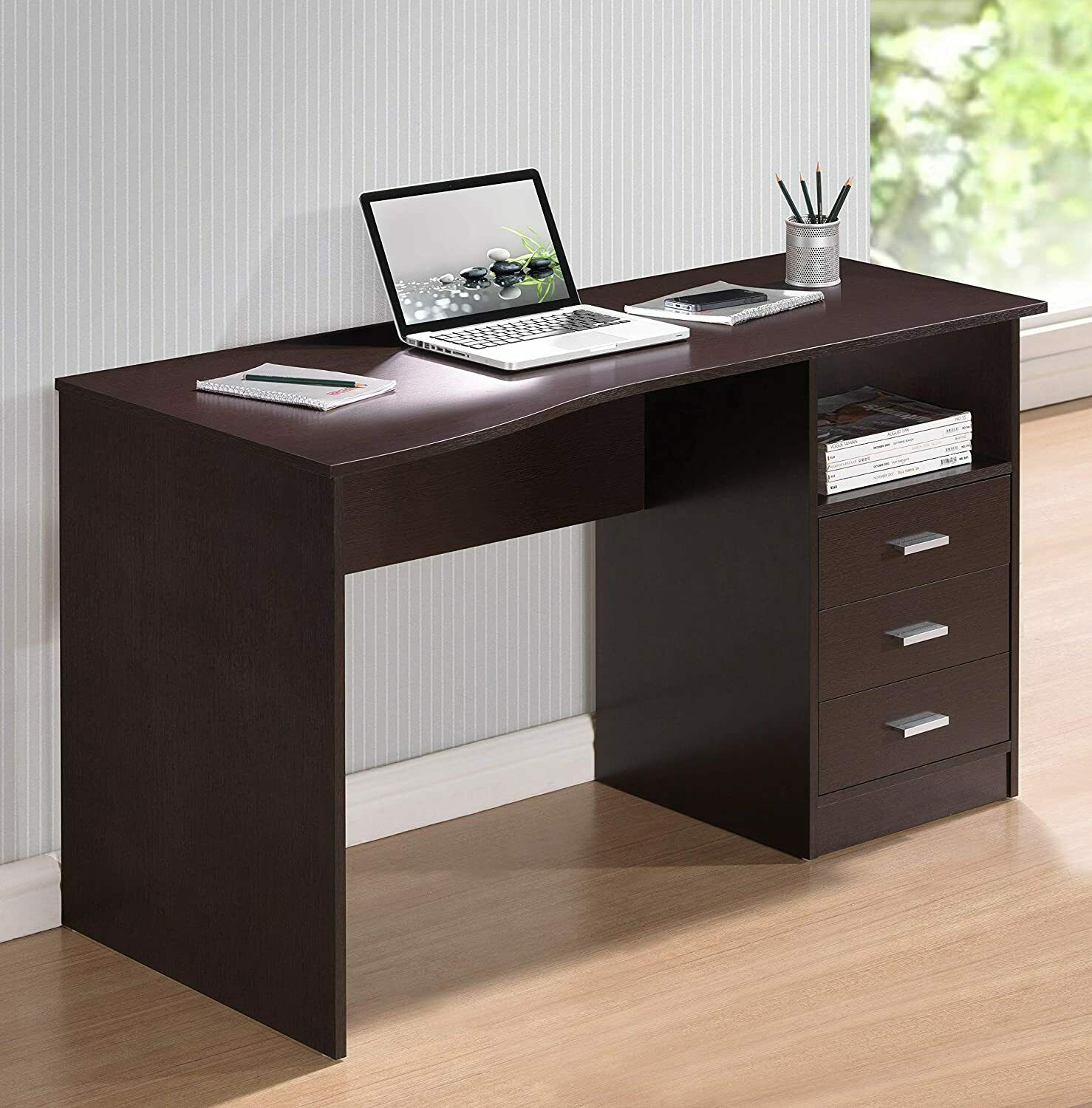 TECHNI MOBILI RTA-8404-WN Rectangular Wenge 3 Drawer Computer Desk with Built-In Storage