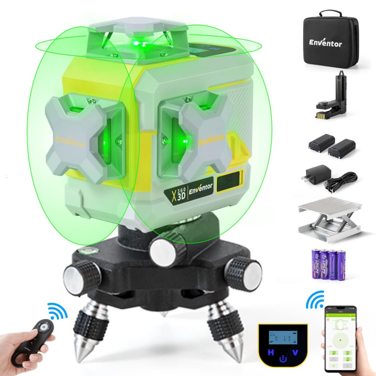 Enventor Self-Leveling Laser Level with Laser Tool Kit. 12 Green Lines. Plane-Leveling. Alignment Cross Line