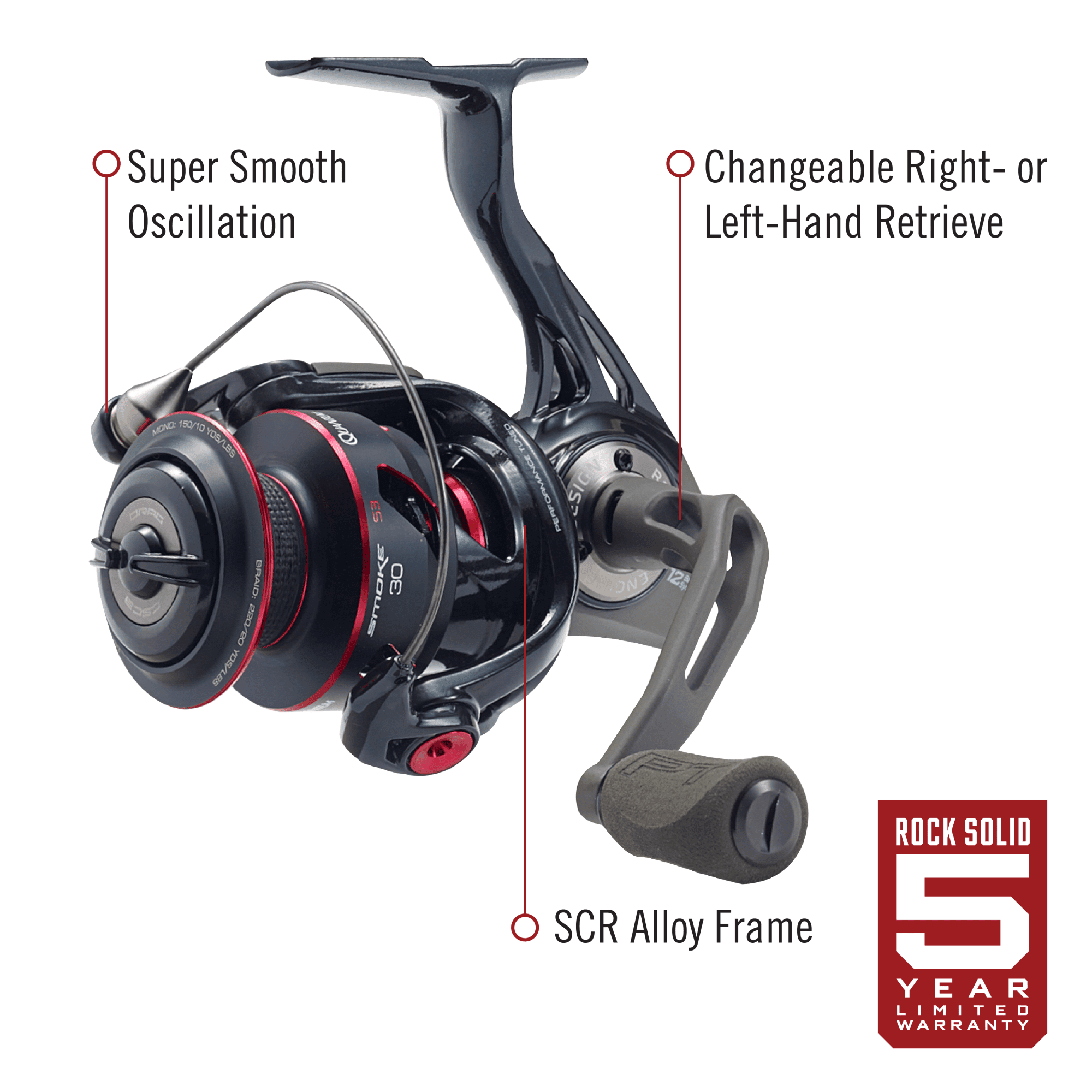 Quantum Smoke Spinning Fishing Reel. Size 30 Reel. Changeable Right- or Left-Hand Retrieve. Continuous Anti-Reverse Clutch with NiTi Indestructible Bail. SCR Alloy Frame. 6.0:1 Gear Ratio. Black