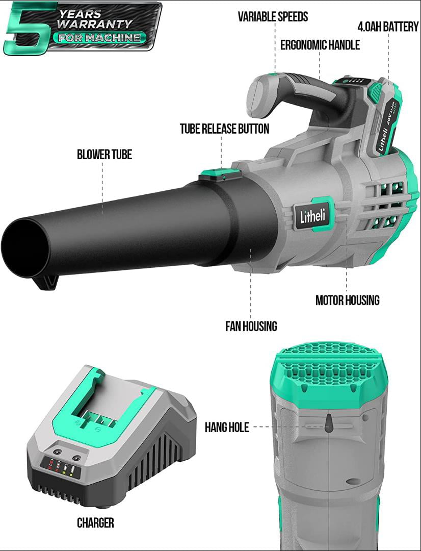 Litheli 20V Cordless Leaf Blower 350CFM 2-Speed Turbine Electric Blowing Leaf for Lawn Yard Road Car. with 4.0Ah Battery & Charger
