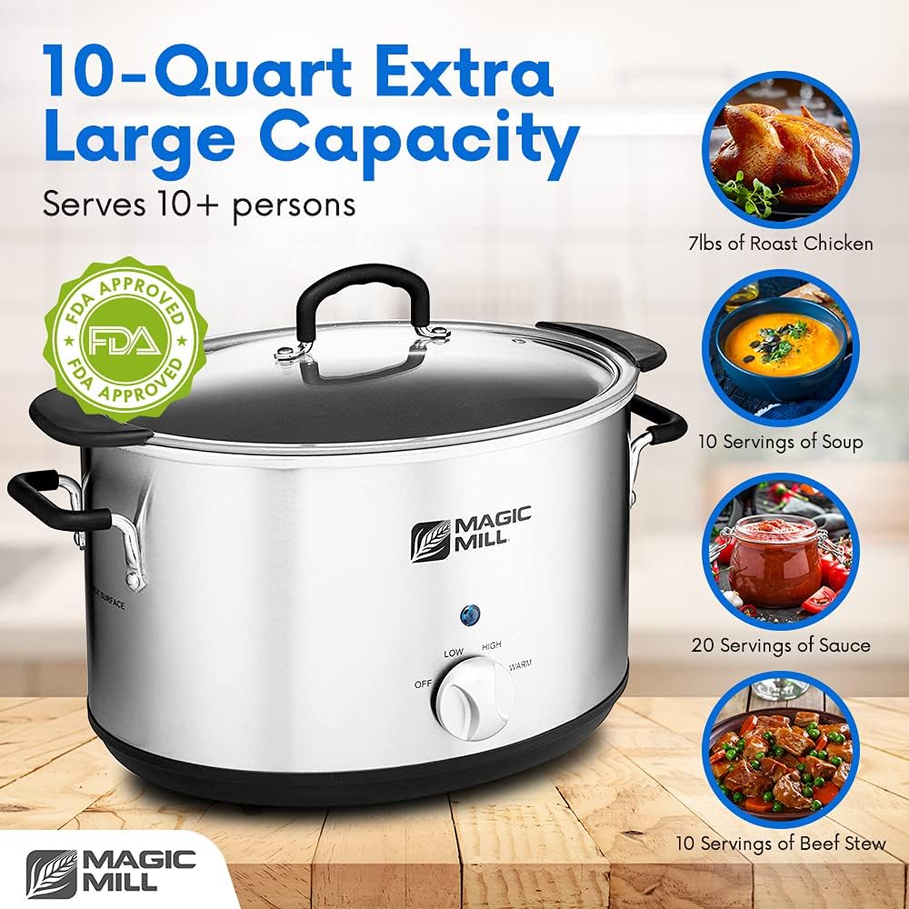 Magic Mill Extra Large 10 Quart Slow Cooker With Metal Searing Pot & Transparent Tempered Glass Lid Multipurpose Lightweight Slow Cookers. Pot is Safe to Put the On the Flame. Dishwasher Safe