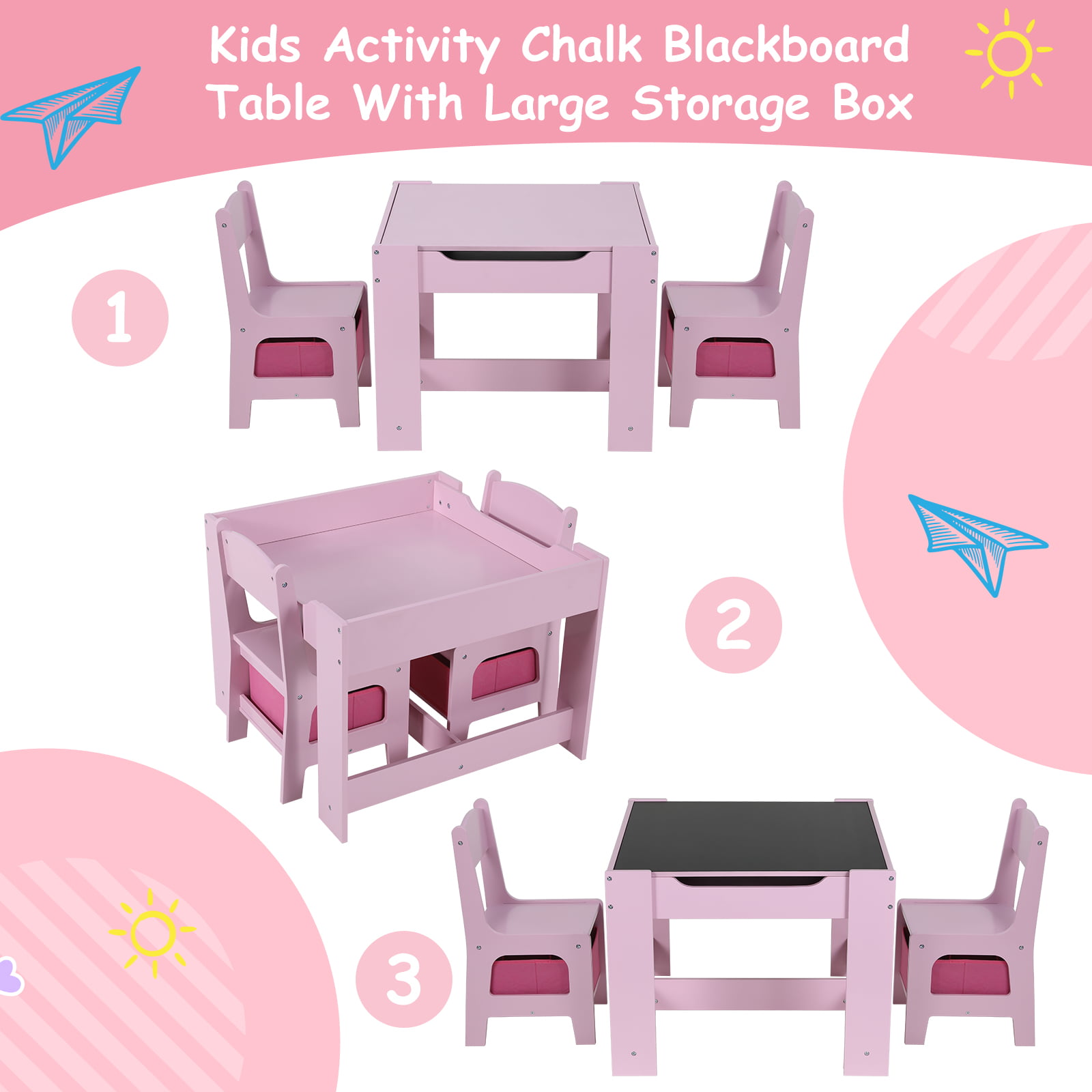HEMBOR Kids Table and Chairs Set Wooden Children Studying Activity Desk Sets - Pink