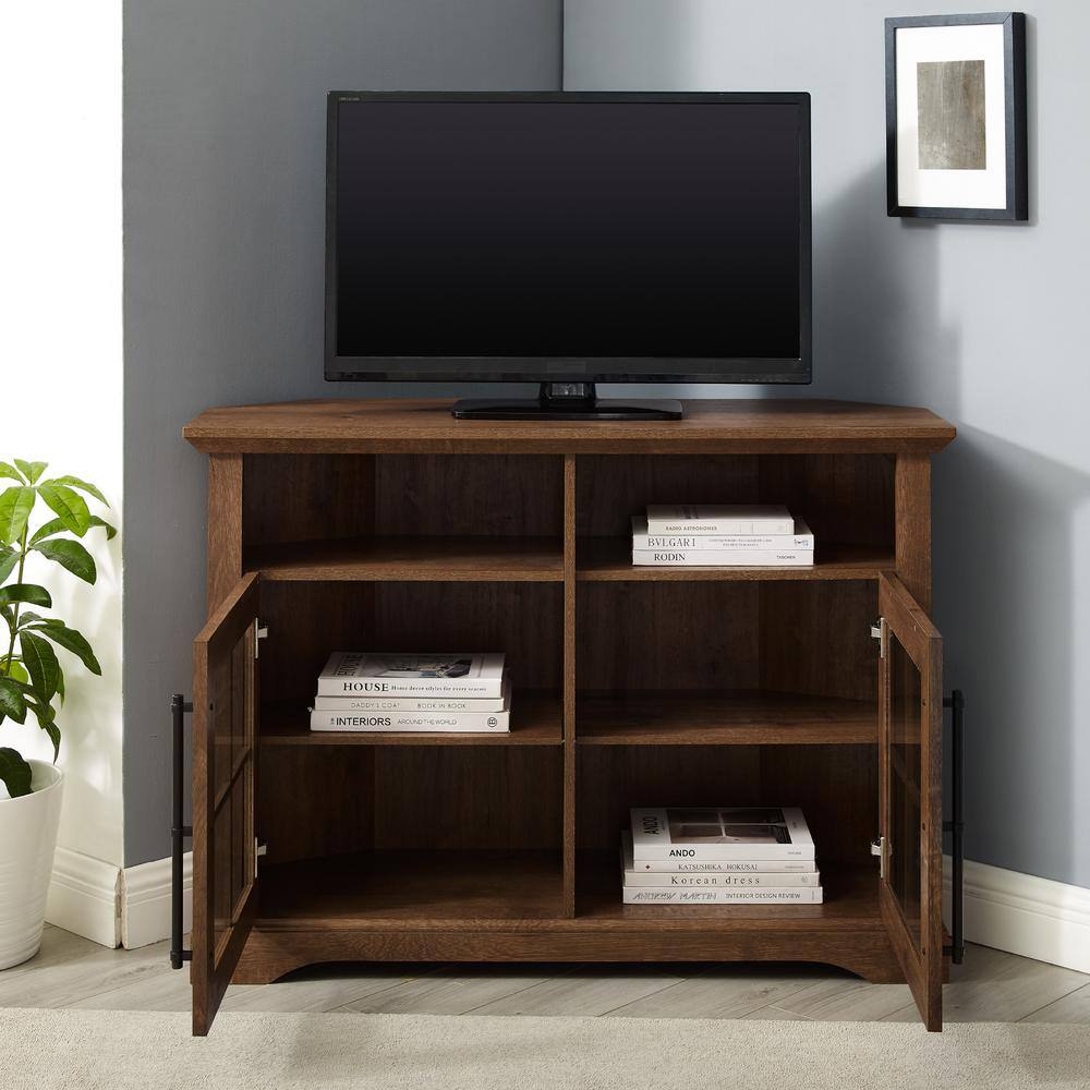 Welwick Designs  44 in. Natural Walnut Wood and Glass Transitional Farmhouse Window Pane Door Corner TV Stand Fits TVs up to 50 in.