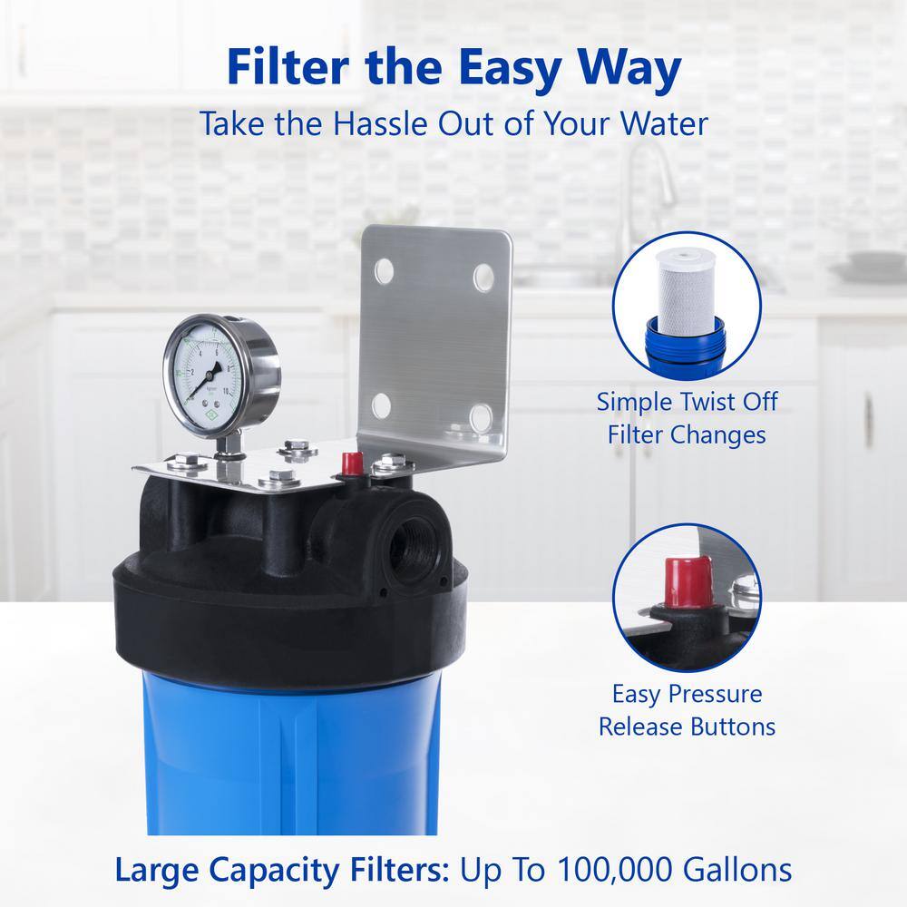 Express Water WH100SC Whole House 1-Stage Water Filtration System - Charcoal Carbon Filter with Pressure Gauge. Easy Release. 1 in. Connection