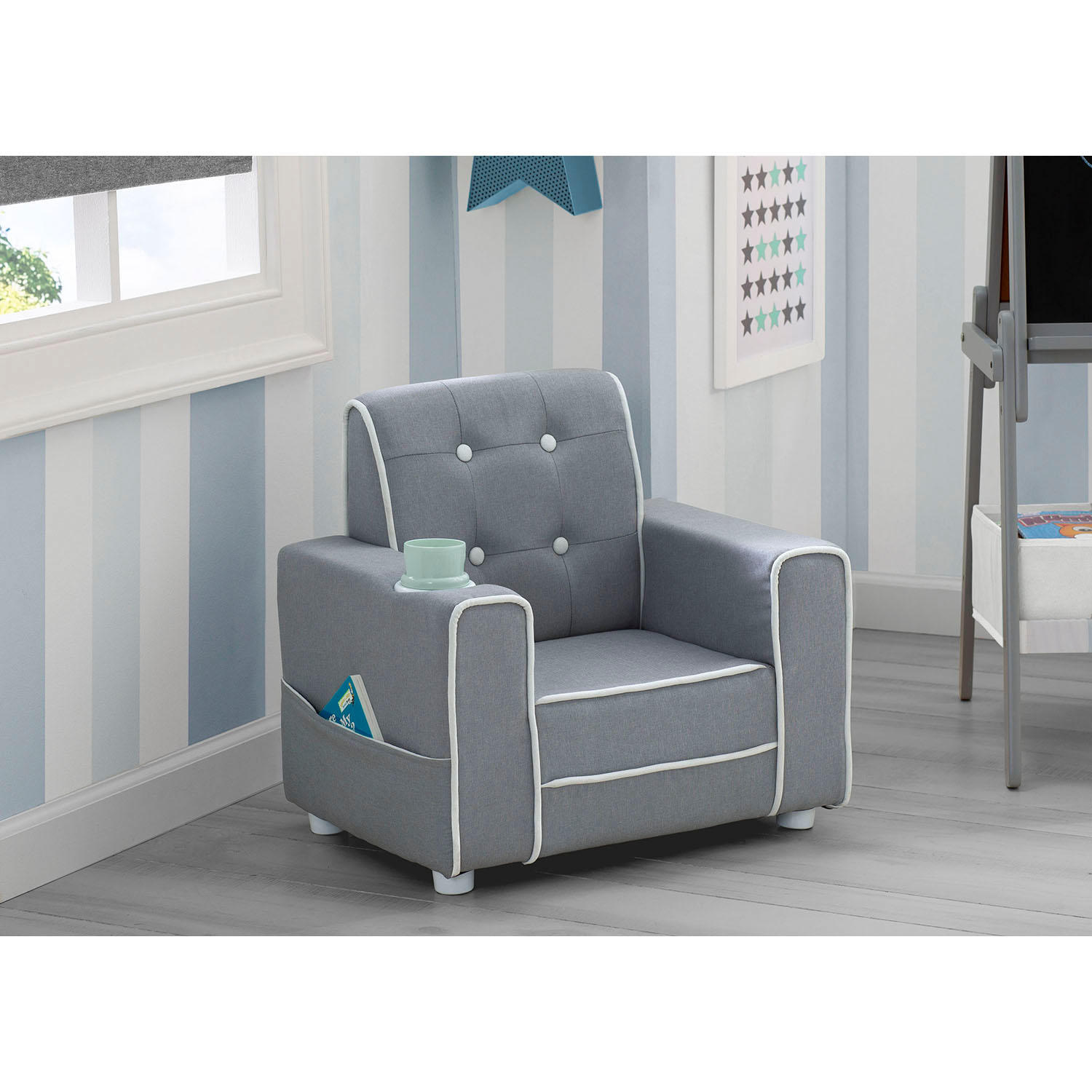 Delta Children Chelsea Kids- Upholstered Chair with Cup Holder. Soft Grey
